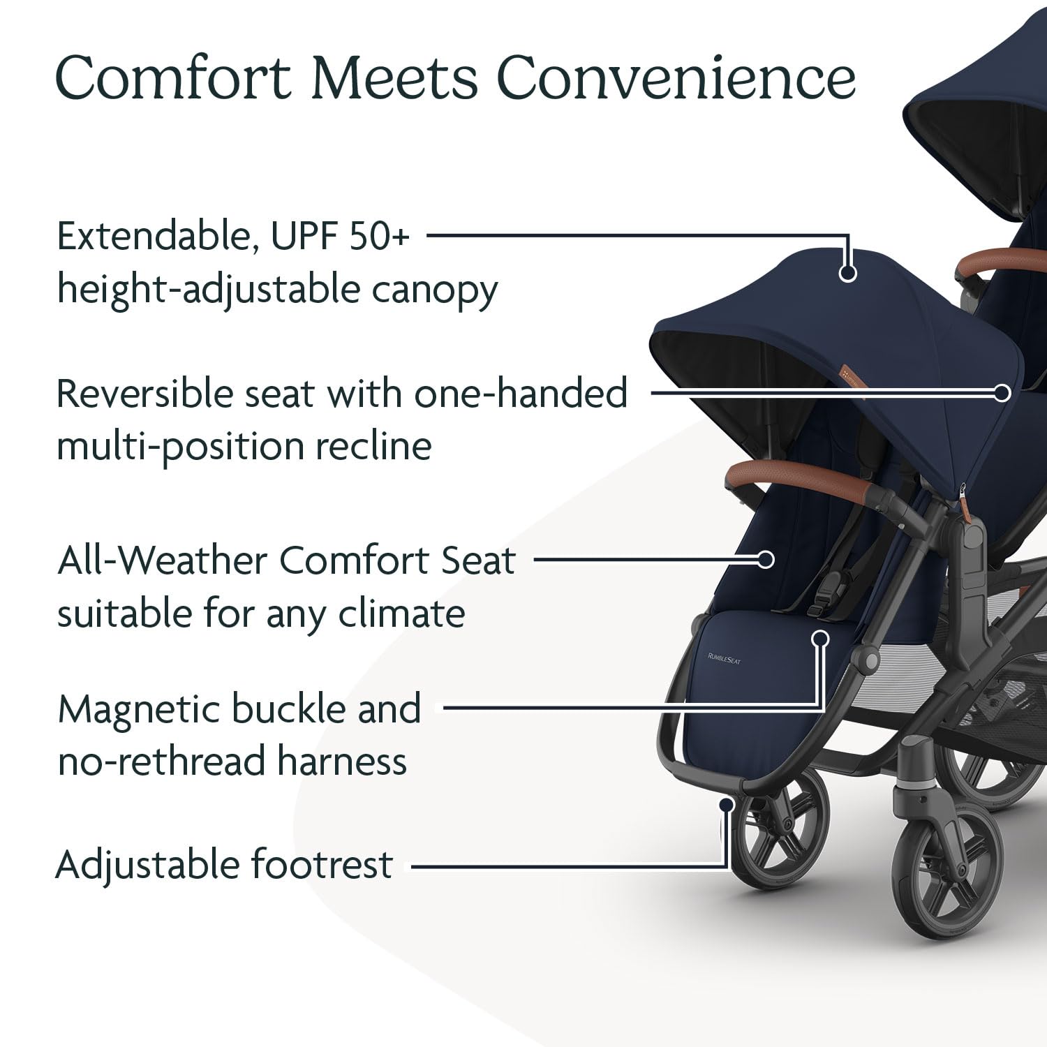 UPPAbaby RumbleSeat V3 second lower seat for Vista V2/V3 in Declan Oat Mélange with silver frame and chestnut leather, shown with adapters.