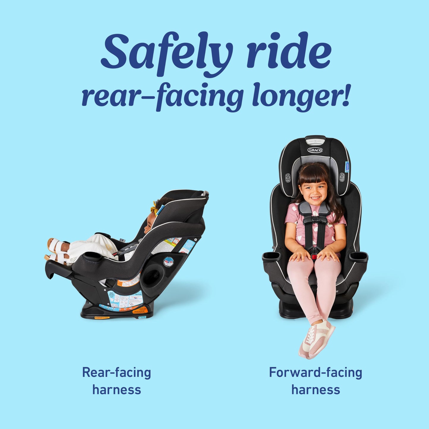 Graco Extend2Fit convertible baby car seat in Gotham color showing adjustable extension panel and rear-facing position