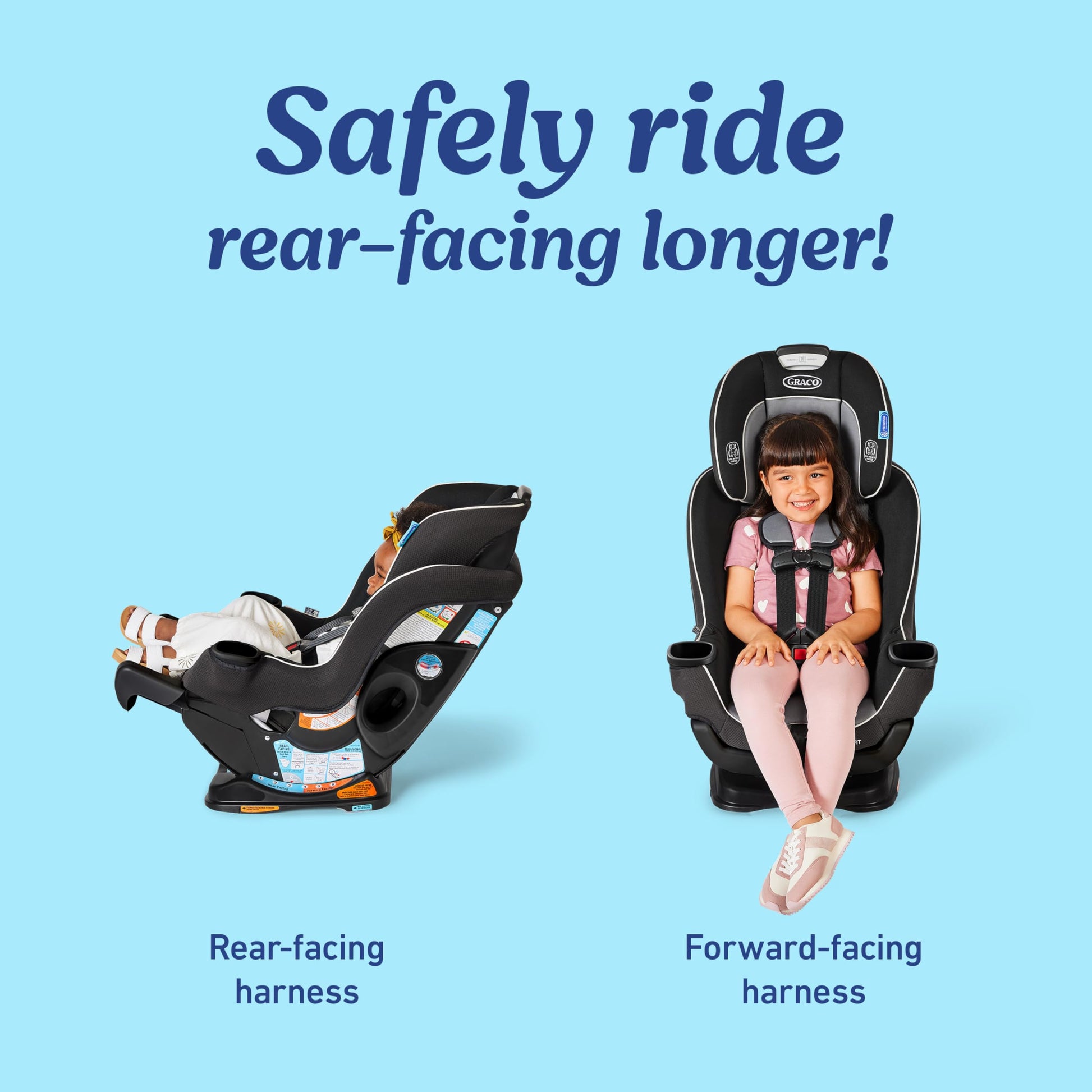 Graco Extend2Fit convertible baby car seat in Gotham color showing adjustable extension panel and rear-facing position