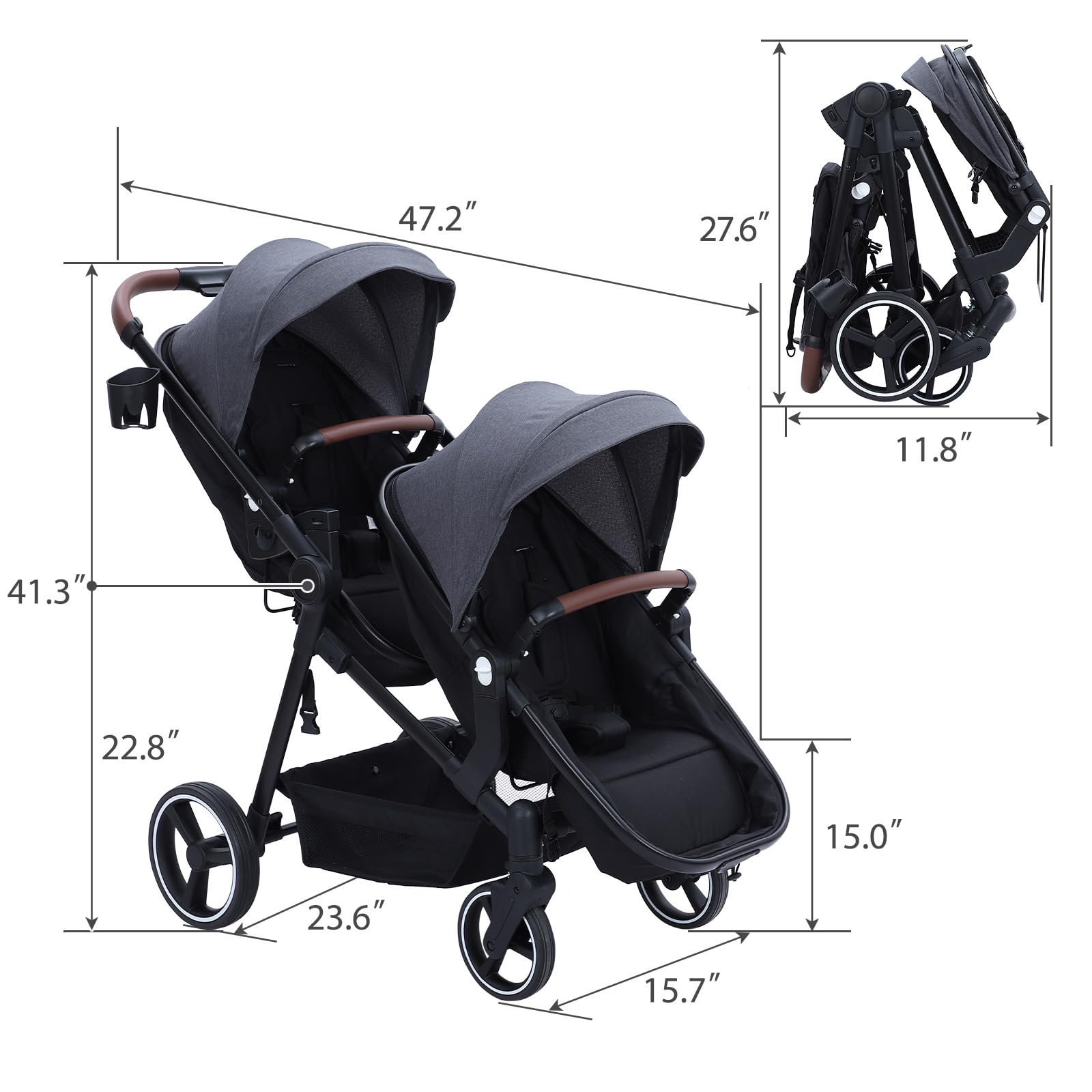 Dark grey tandem double stroller for newborn and toddler with reversible seats, adjustable canopy, 5-point harness, and large storage basket.