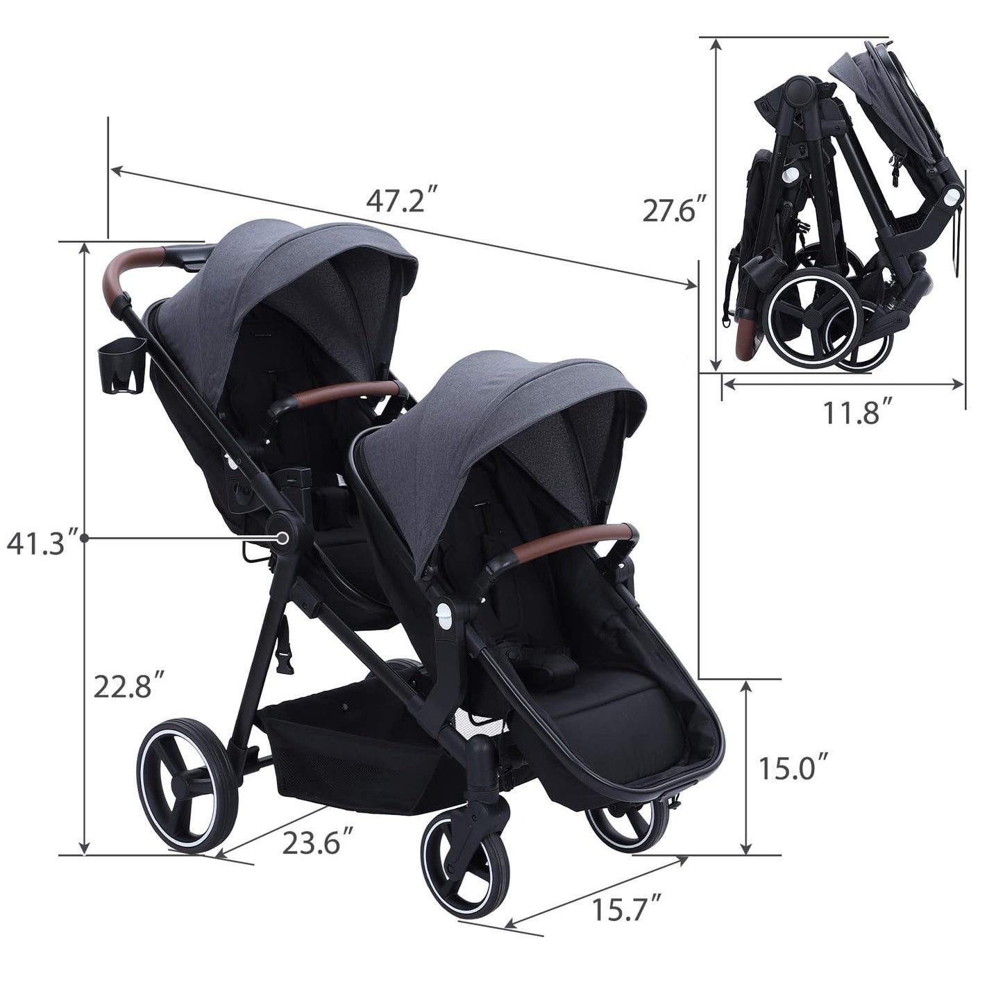 Double tandem stroller for newborn and toddler by My Store with foldable design, reversible seats, adjustable canopy, and safety harness.