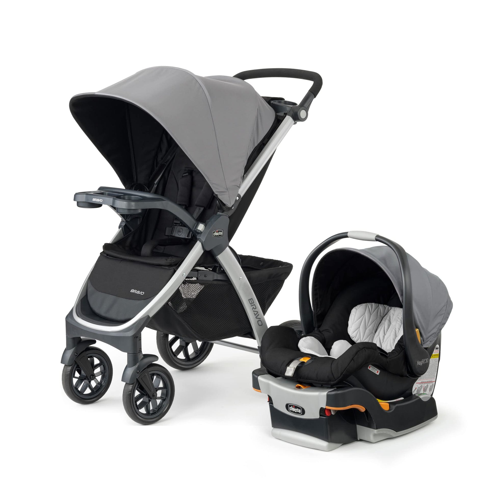 Chicco Bravo 3-in-1 travel system with black stroller, KeyFit 30 infant car seat and base, compact quick-fold design, Camden color