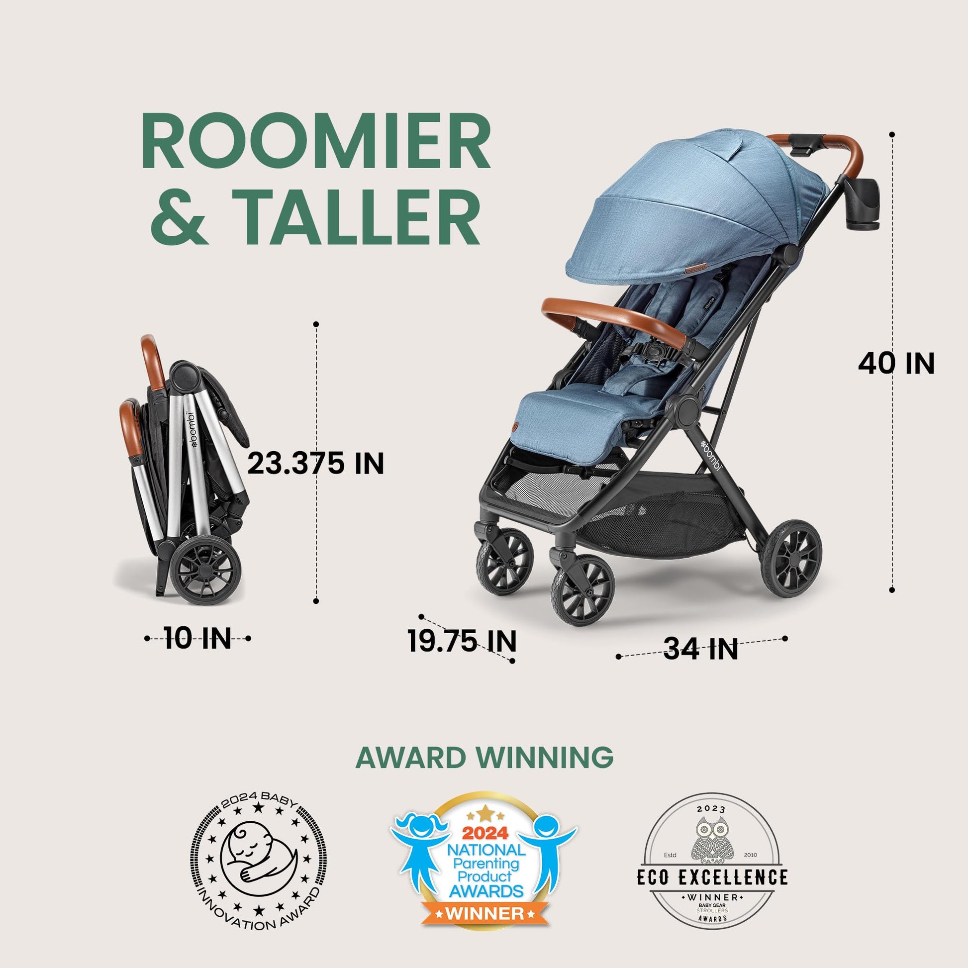 Lightweight Bombi Bēbee V2 baby stroller with premium vegan leather, one-hand fold, large canopy, aluminum frame, and ample storage.