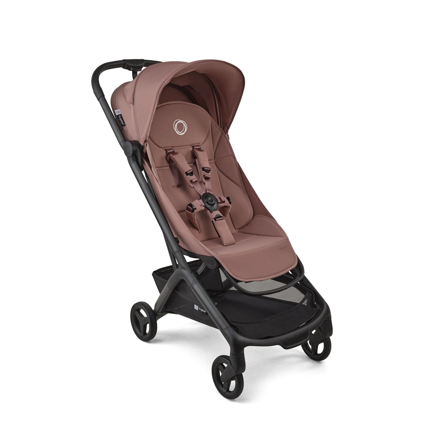 Black Bugaboo Butterfly 2 travel stroller with ultra-compact fold, lightweight design, suitable for airplane travel, shown folded.