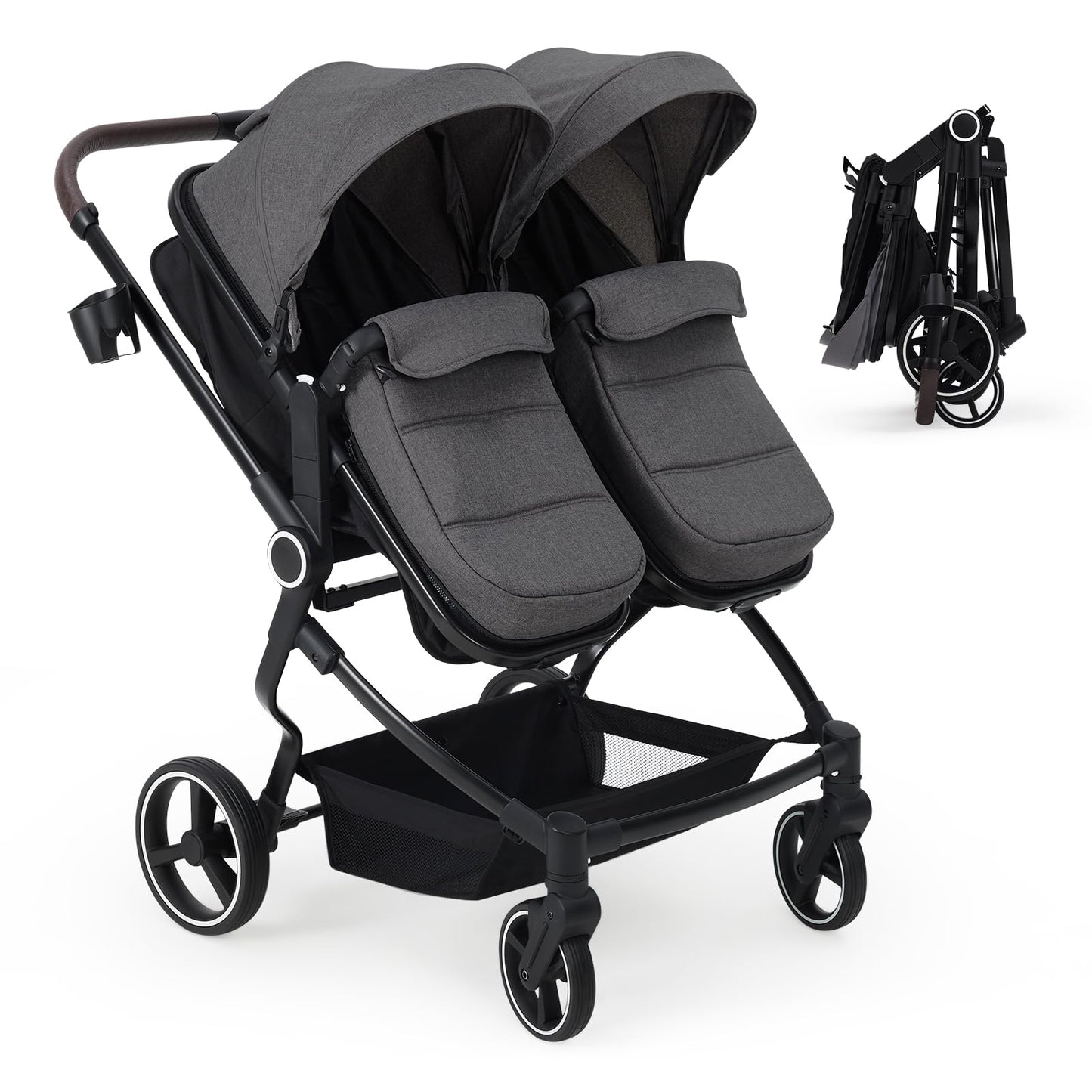 Lightweight double stroller for twins by My Store with reclining seats, adjustable canopy, 5-point harness, and high landscape design.