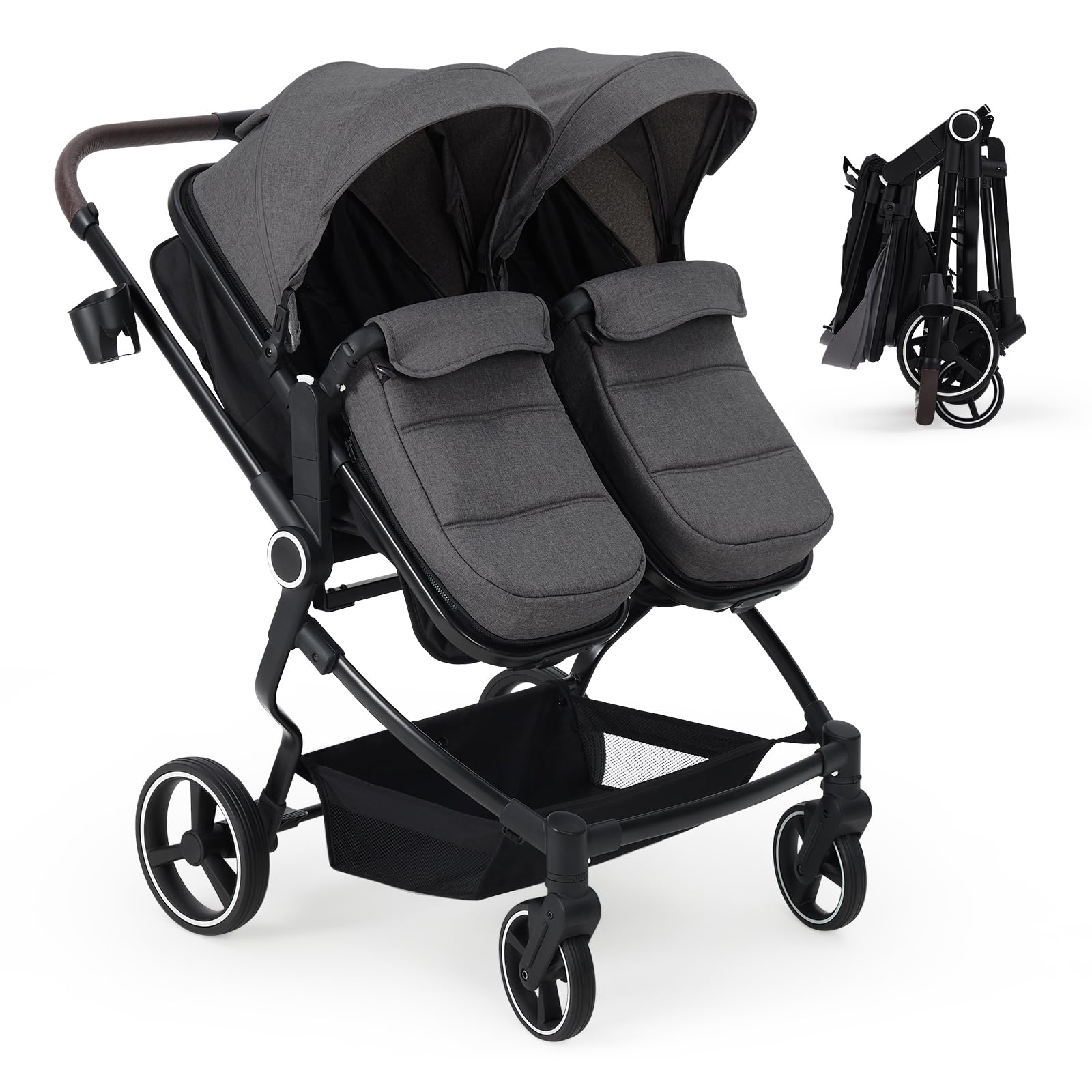 Lightweight double stroller for twins by My Store with reclining seats, adjustable canopy, 5-point harness, and high landscape design.