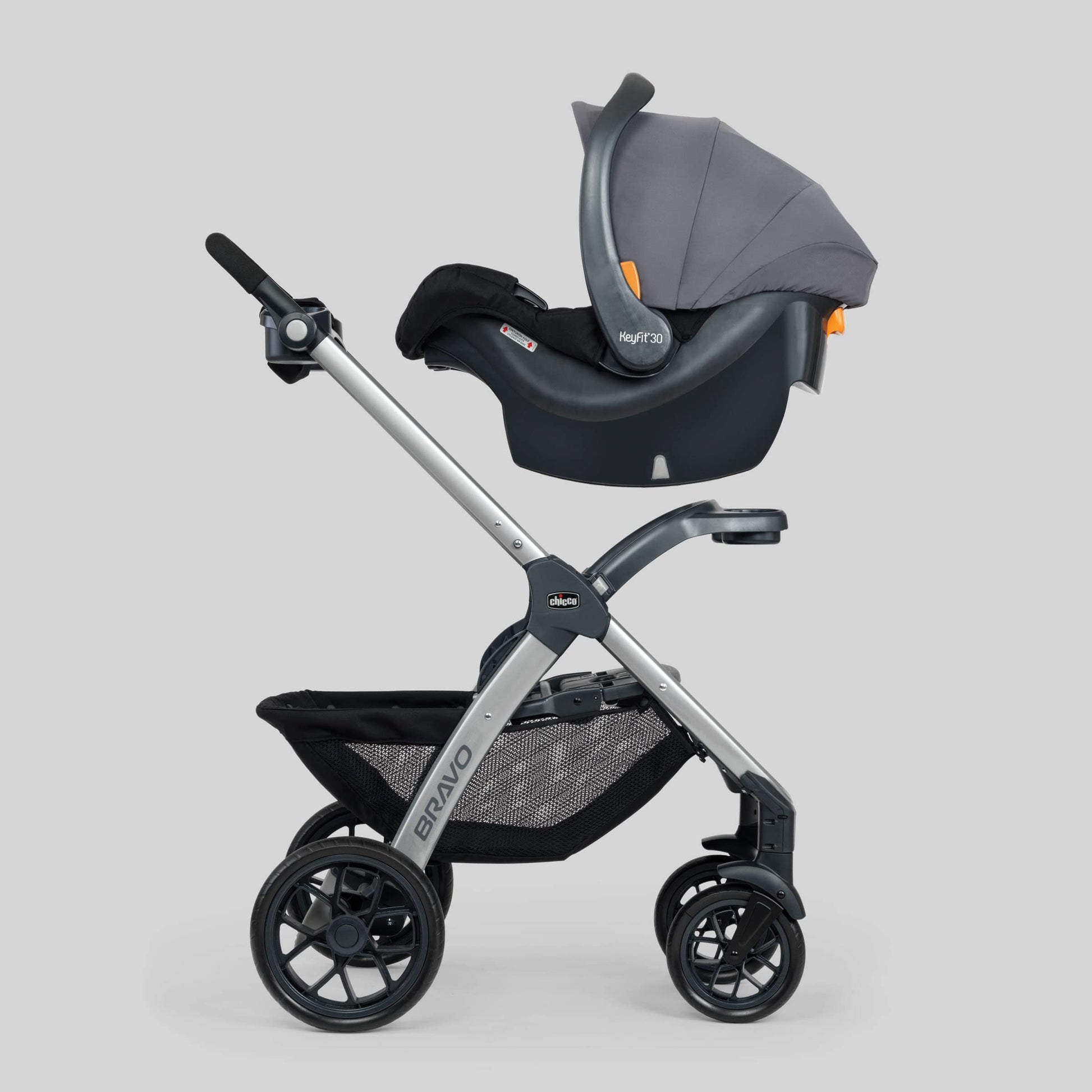 Chicco Bravo 3-in-1 travel system with quick-fold stroller, KeyFit 30 infant car seat, and base in Camden/Black, showing the stroller and car seat