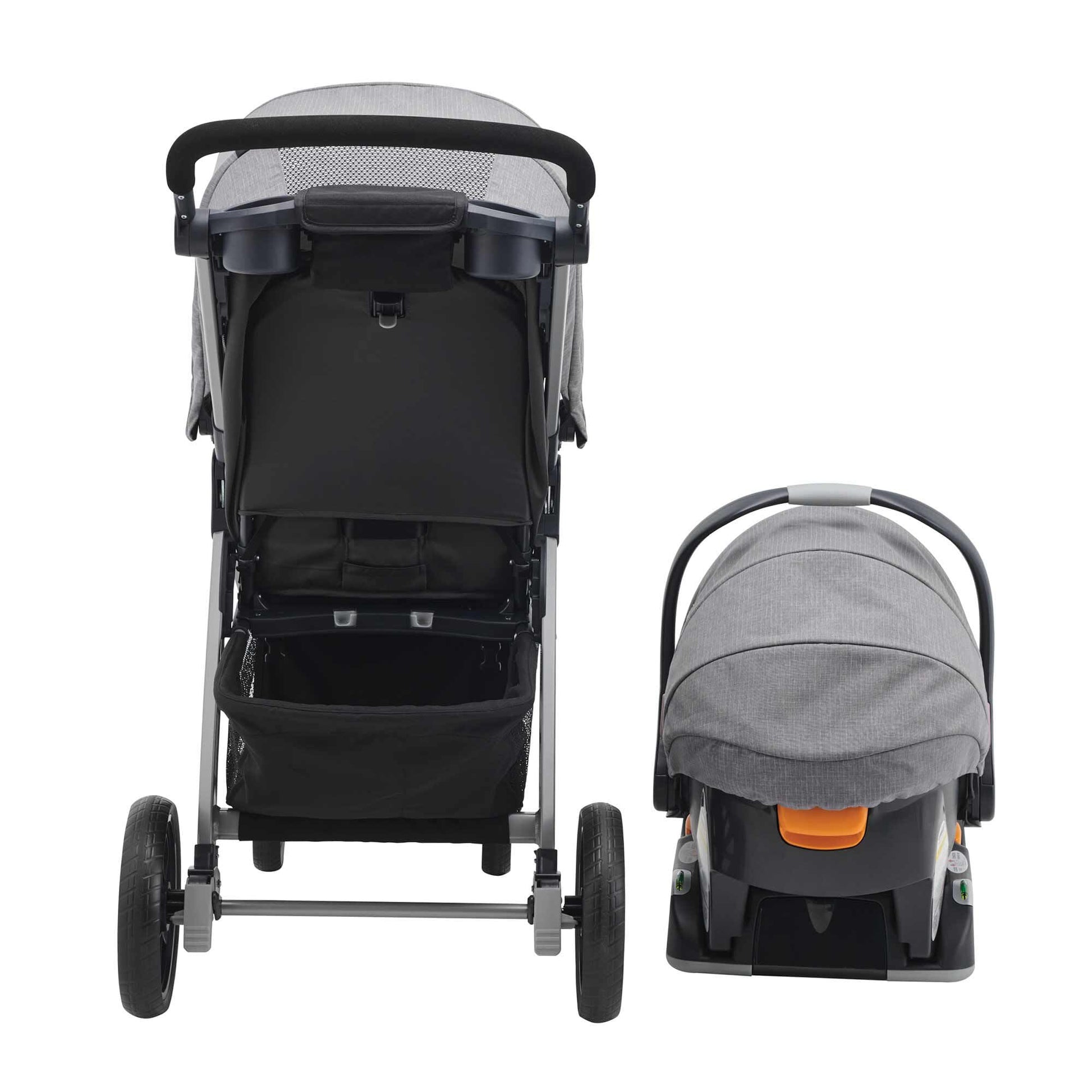 Chicco Bravo 3-in-1 travel system with quick-fold stroller, KeyFit 30 infant car seat, and base in Camden/Black color.