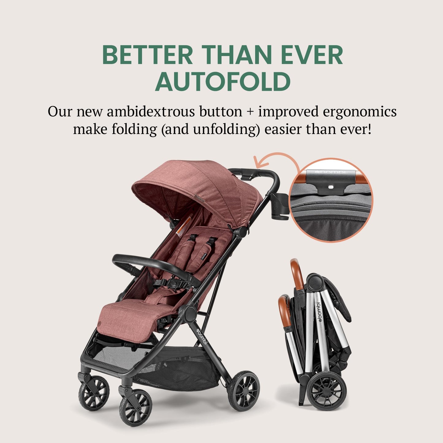 Lightweight Bombi Bēbee V2 baby stroller with vegan leather, one-hand fold, infinite recline, aircraft-grade aluminum frame, and XXL canopy