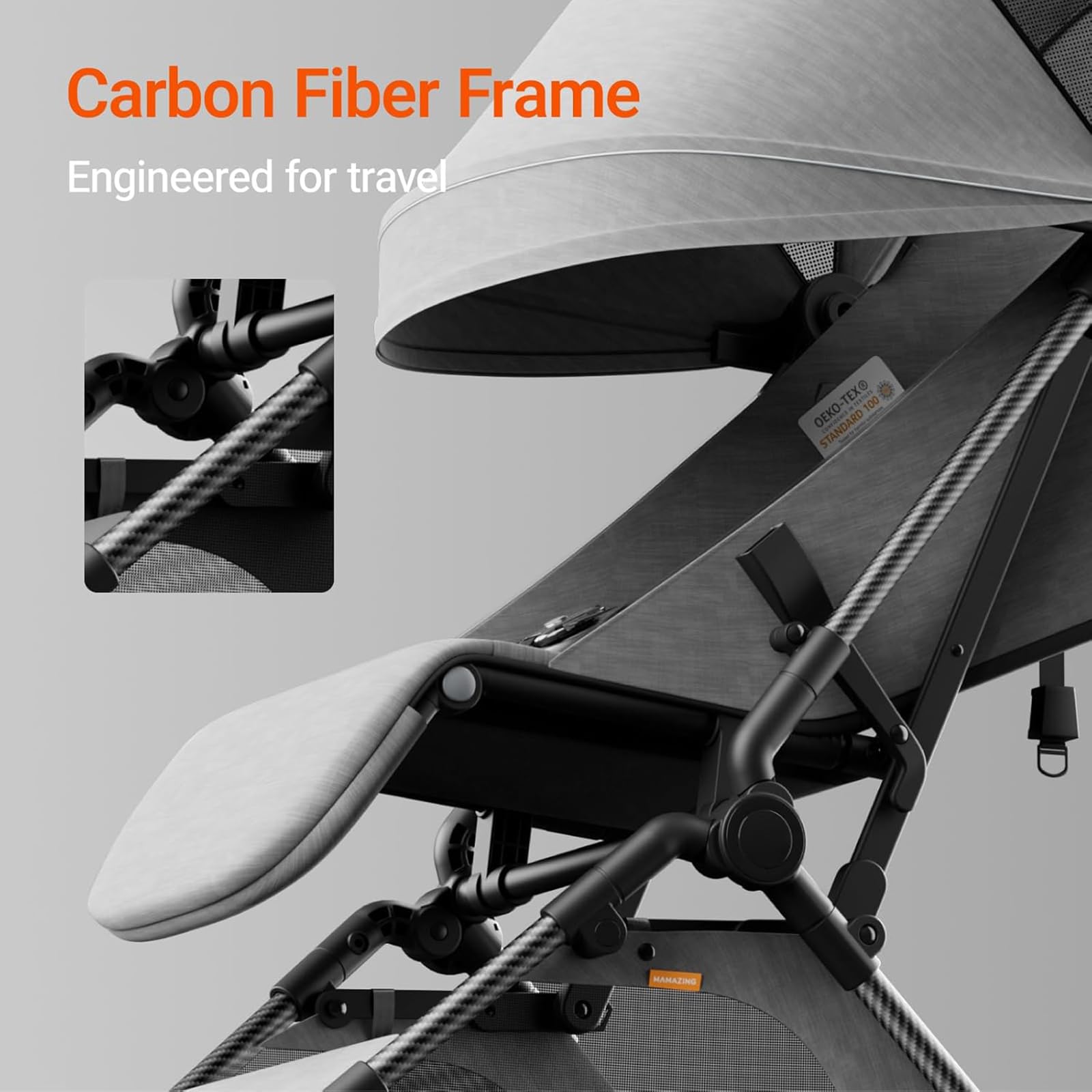 Lightweight MAMAZING Ultra Air baby travel stroller with carbon fiber frame, one-handed fold, suitable for toddlers, airplane-friendly.