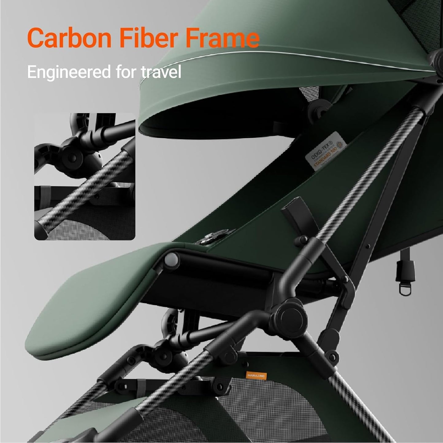 Lightweight MAMAZING Ultra Air baby travel stroller with carbon fiber frame, compact design, one-handed fold, suitable for toddlers.