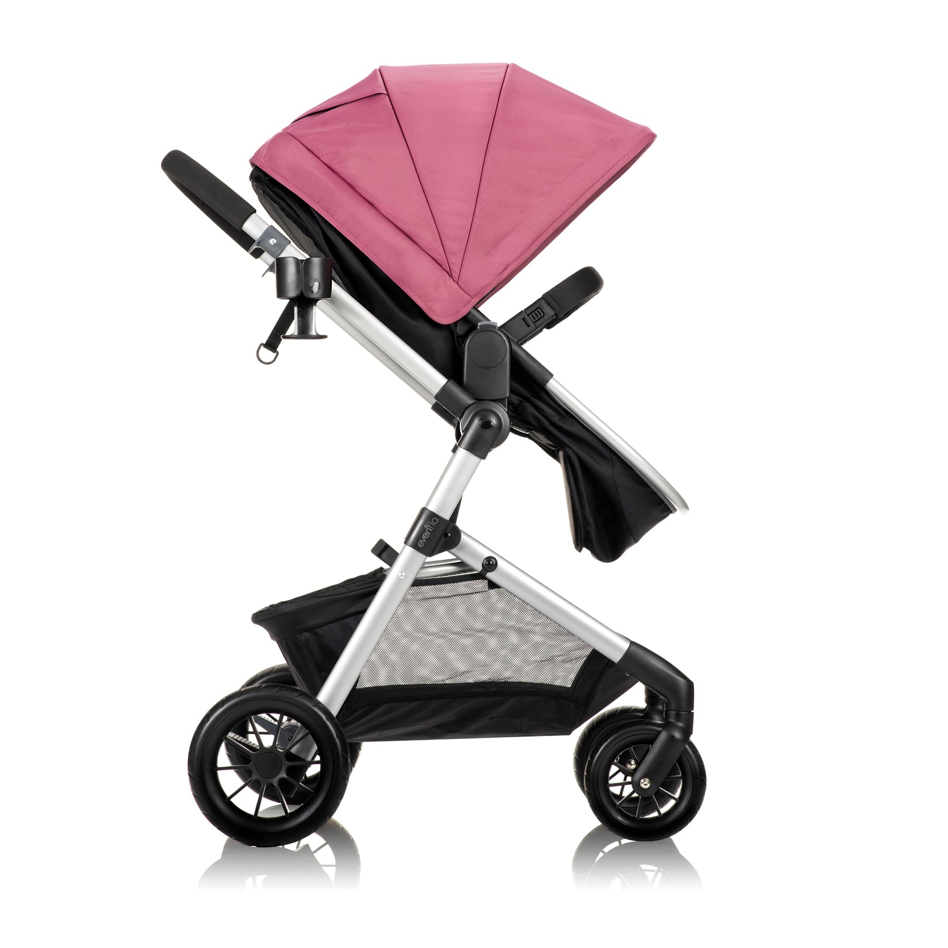 Casual Gray Evenflo Pivot Modular Travel System with LiteMax Preemie and Infant Car Seat, showing stroller and car seat attached