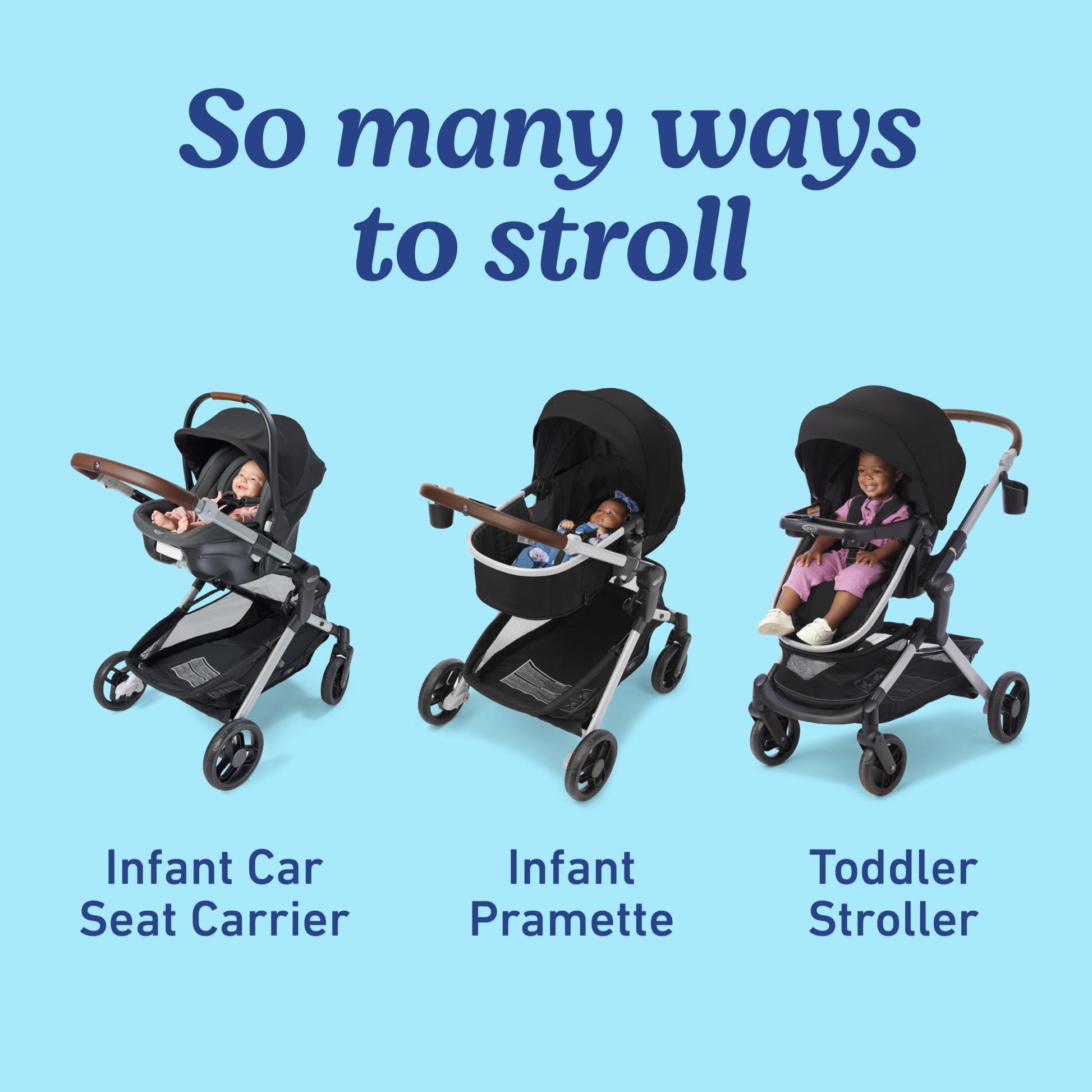 Graco Modes Nest 3-in-1 travel system with SnugRide Turn & Slide infant car seat and stroller showing adjustable features and rotating car seat