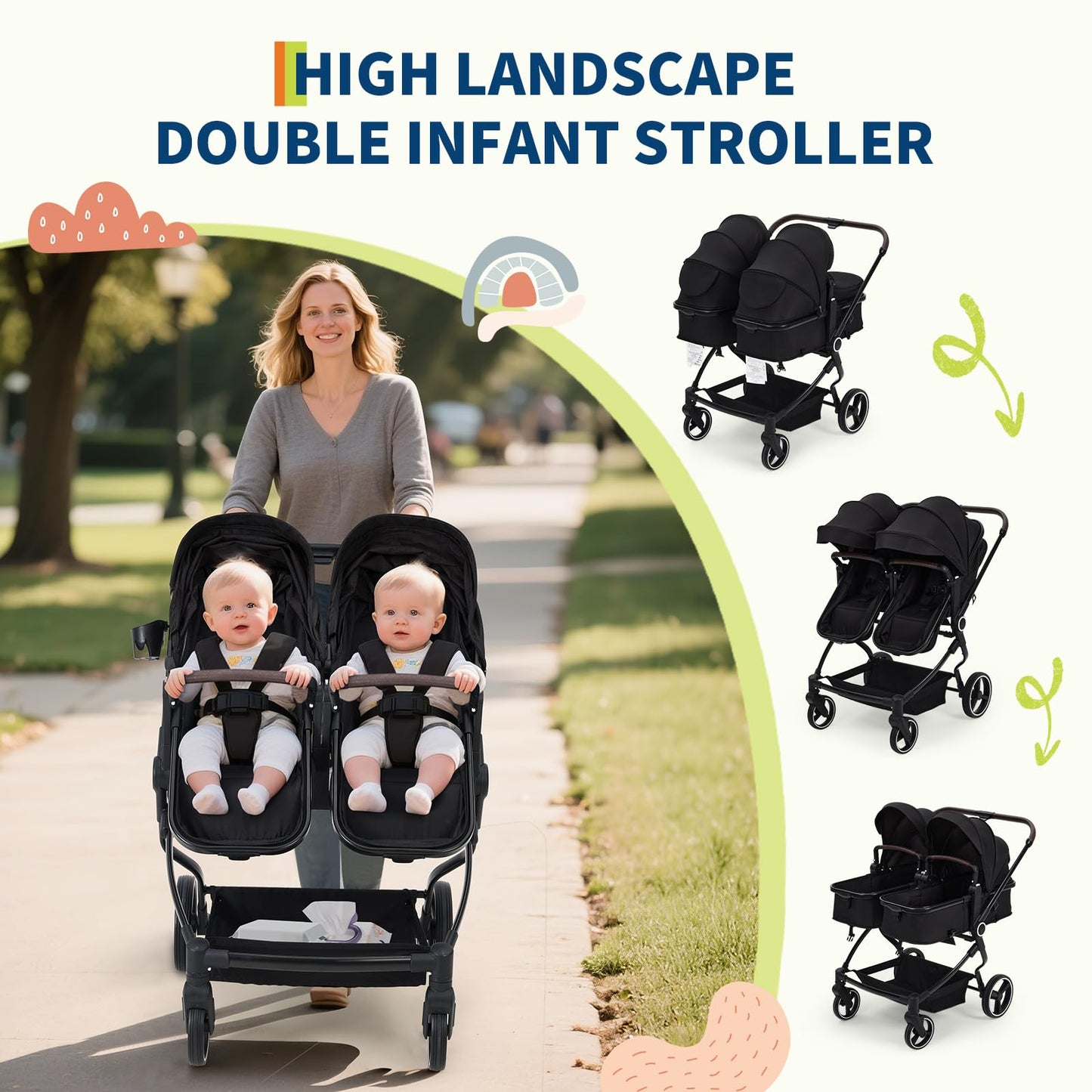 Lightweight double stroller for twins with reclining seats, adjustable canopies, 5-point harness, and high landscape design.