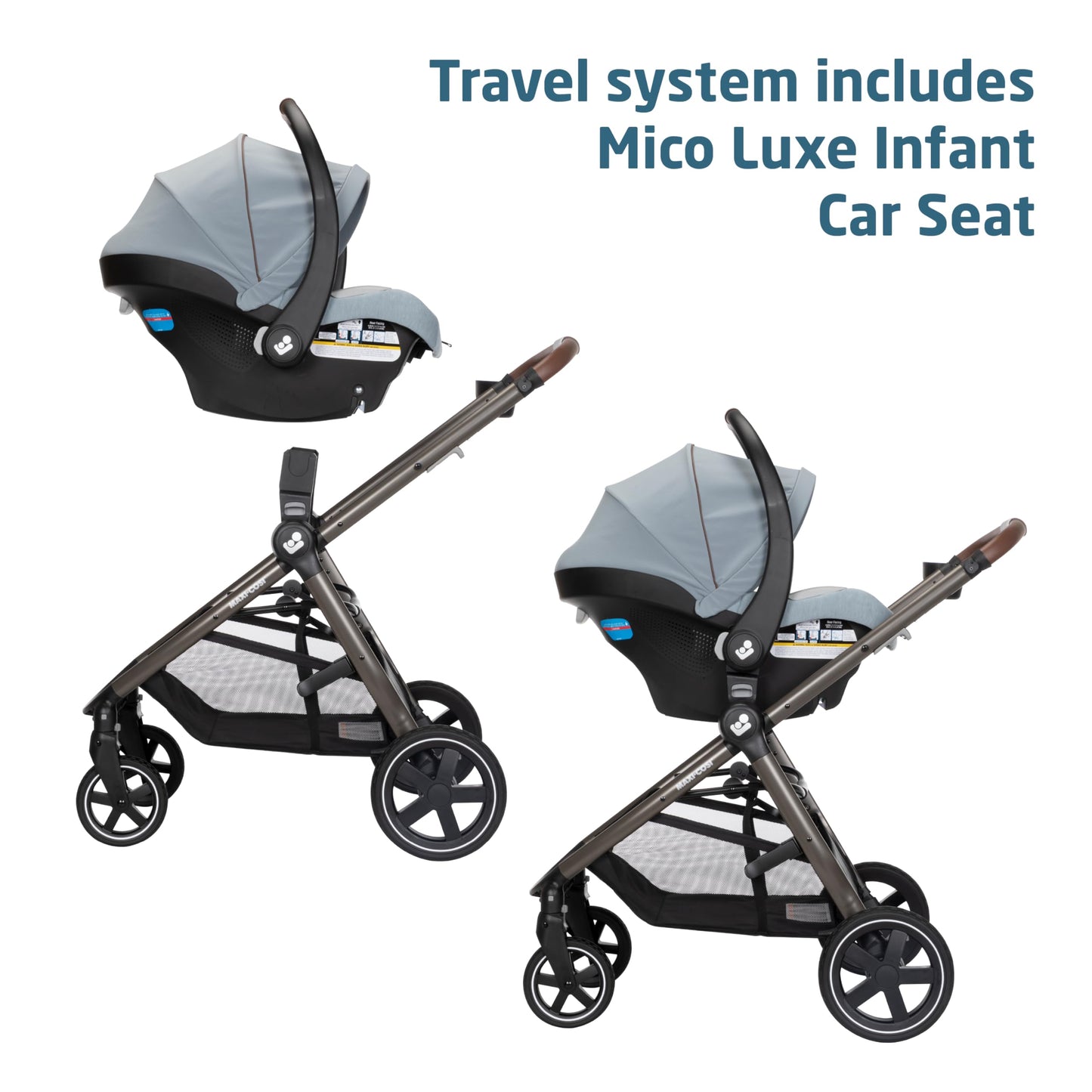 Maxi-Cosi Zelia Luxe 5-in-1 modular travel system with stroller, car seat, and accessories, designed for versatile family travel.