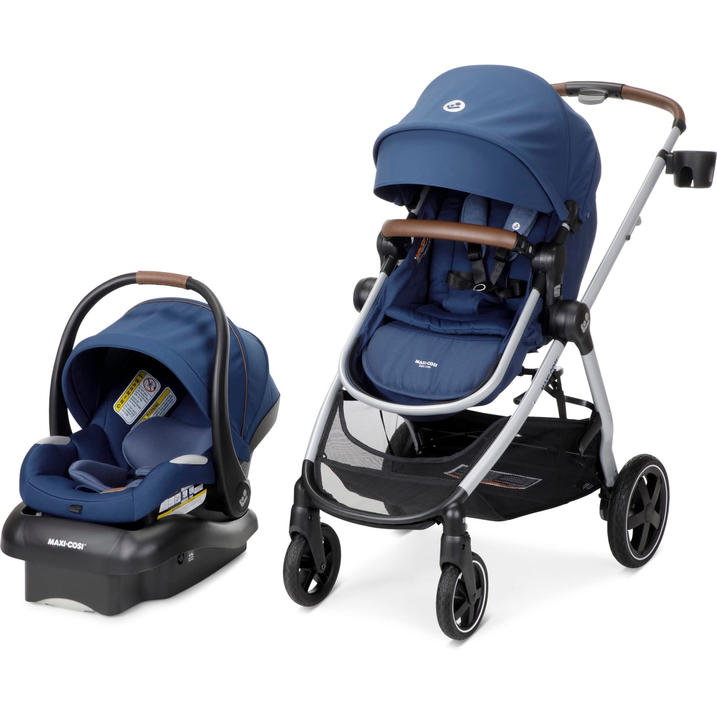 Maxi-Cosi Zelia™ Luxe 5-in-1 modular travel system with stroller and car seat, featuring adjustable components and fabric accents.