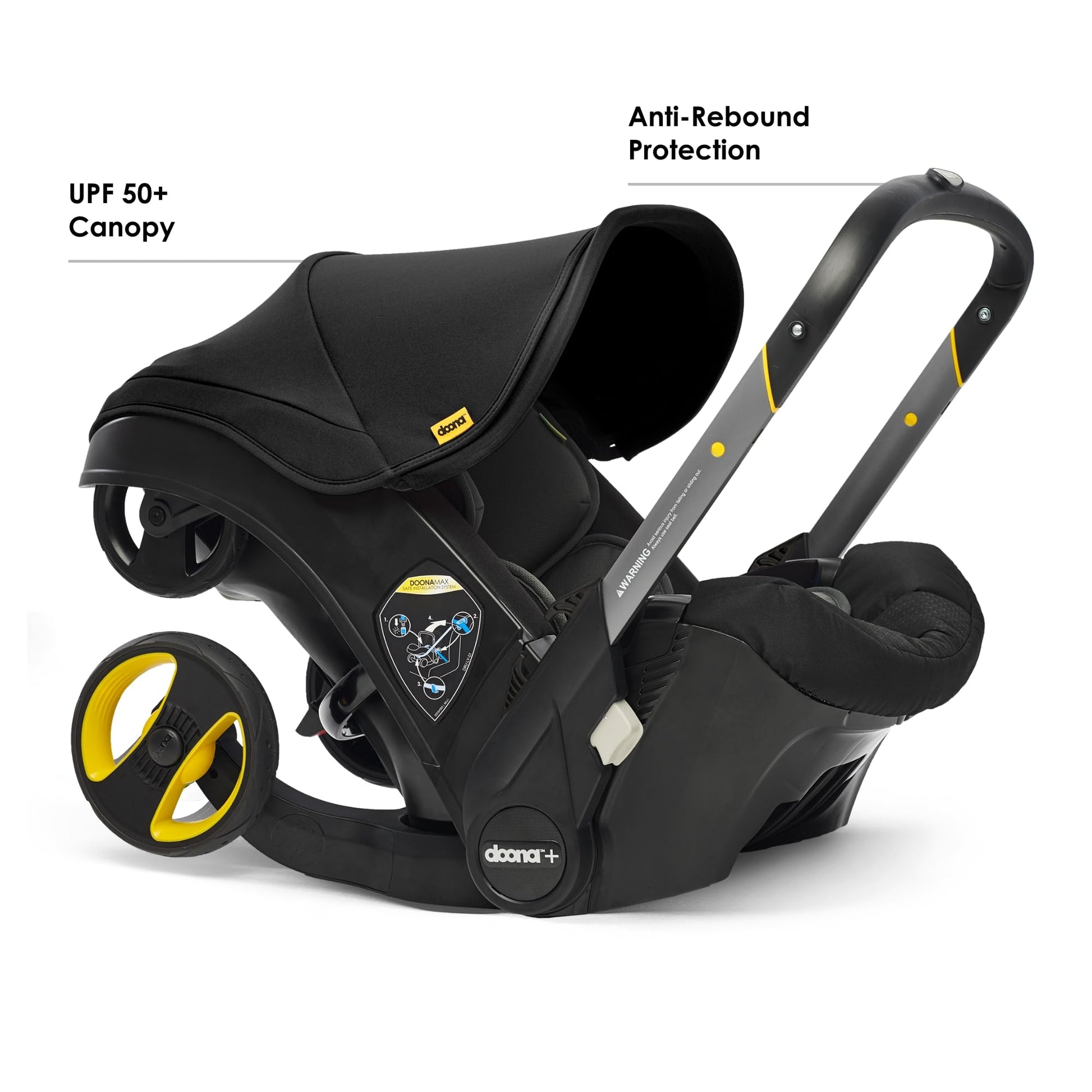 Doona all-in-one car seat and stroller in slate green with adjustable handle and compact design, suitable for newborns and toddlers.