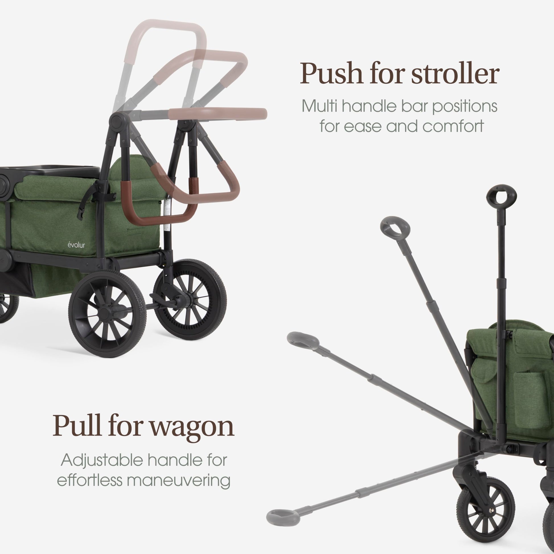 Evolur Trailblazer double stroller in black with all-terrain wheels, foldable design, 5-point harness, removable canopy, and spacious storage.