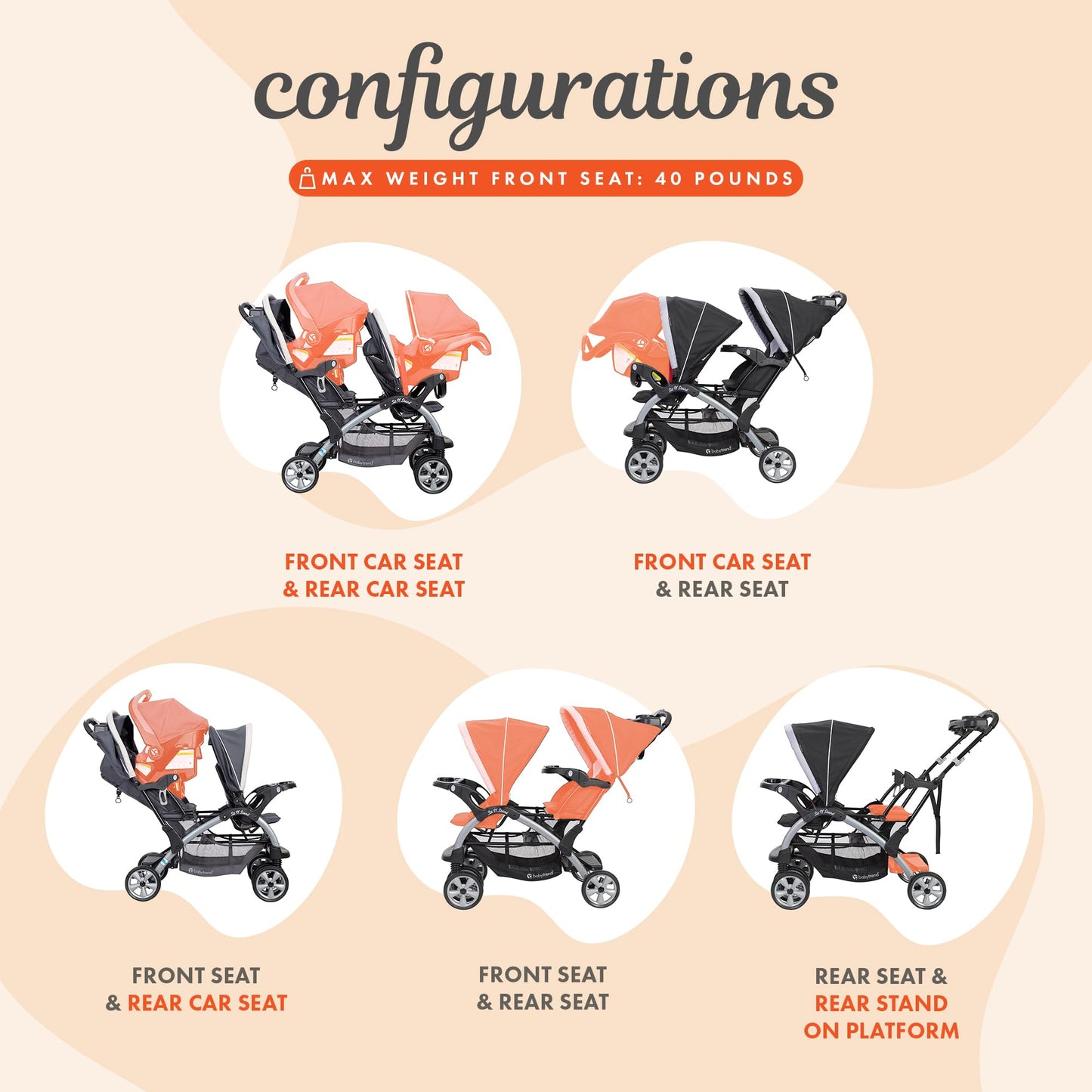 Baby Trend double stroller and car seat combo in Stormy, lightweight tandem travel system with portable design and toddler seating.
