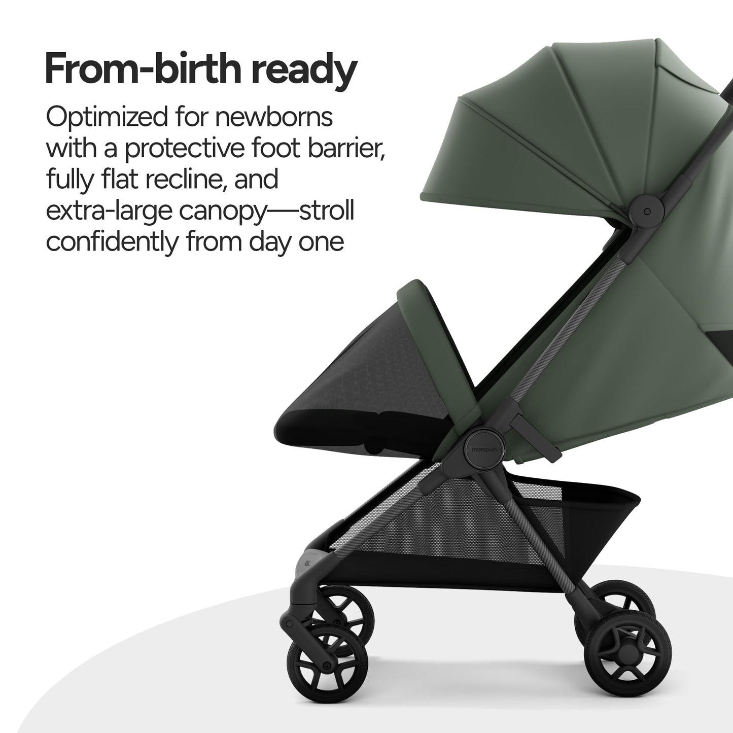 Mompush Nexis Carbon travel stroller, lightweight 11.5 lbs, compact, auto-fold, full recline, suitable from birth to 50 lbs.