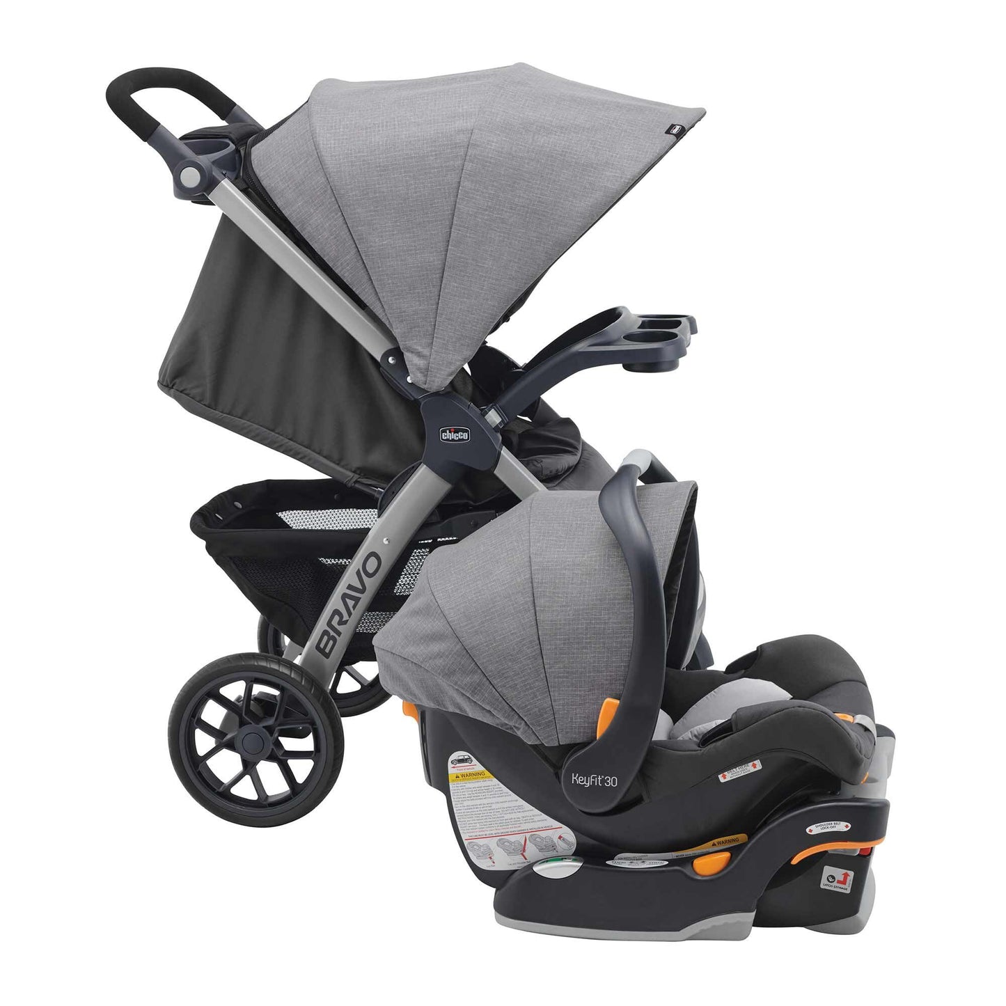 Chicco Bravo 3-in-1 travel system with quick-fold stroller, KeyFit 30 infant car seat, and base in Camden/Black color.