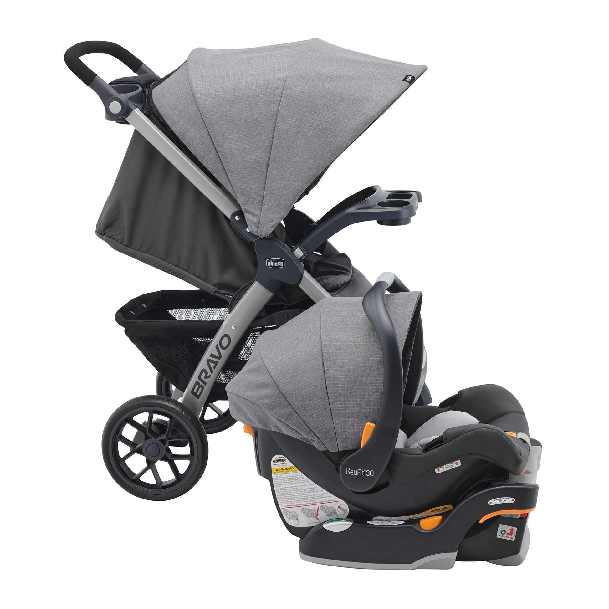 Chicco Bravo 3-in-1 travel system with quick-fold stroller, KeyFit 30 infant car seat, and base in Camden/Black color.