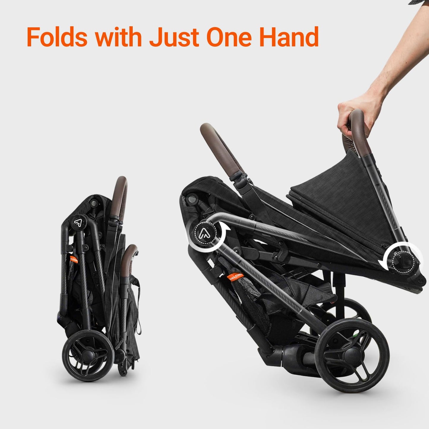 Lightweight MAMAZING Ultra Air baby travel stroller with carbon fiber frame, compact design, one-handed fold, suitable for toddlers.