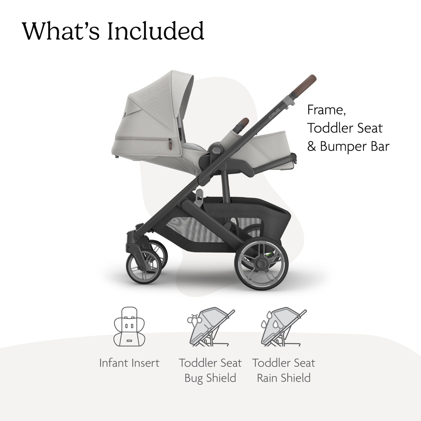UPPAbaby Cruz V3 stroller in Greyson with reversible seat, infant insert, bug and rain shields, charcoal mélange with saddle leather.
