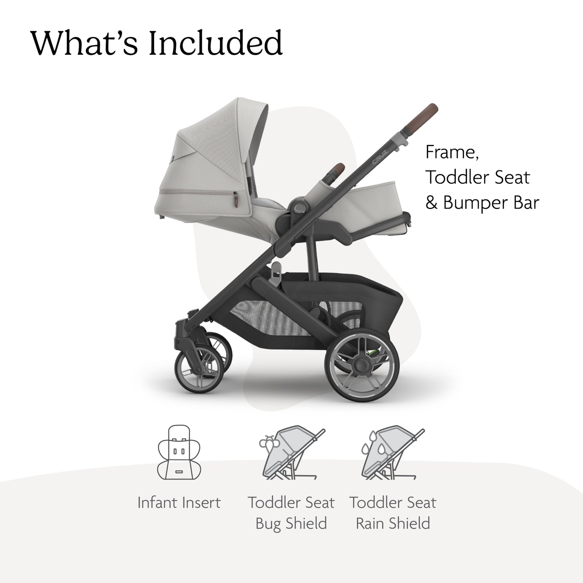 UPPAbaby Cruz V3 stroller in Greyson with reversible seat, infant insert, bug and rain shields, charcoal mélange with saddle leather.