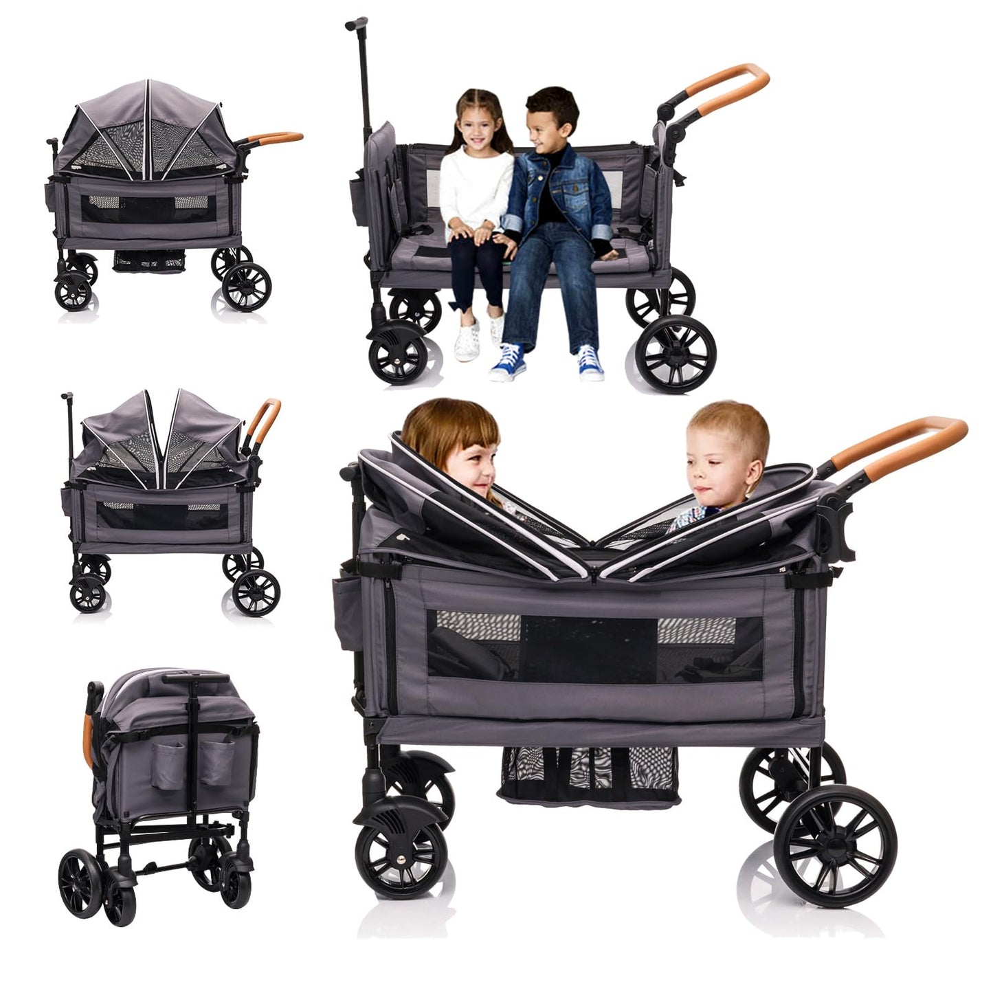 Lightweight double wagon stroller for two kids and cargo, with canopy, tray, cup holder, adjustable handle, and 5-point harness.
