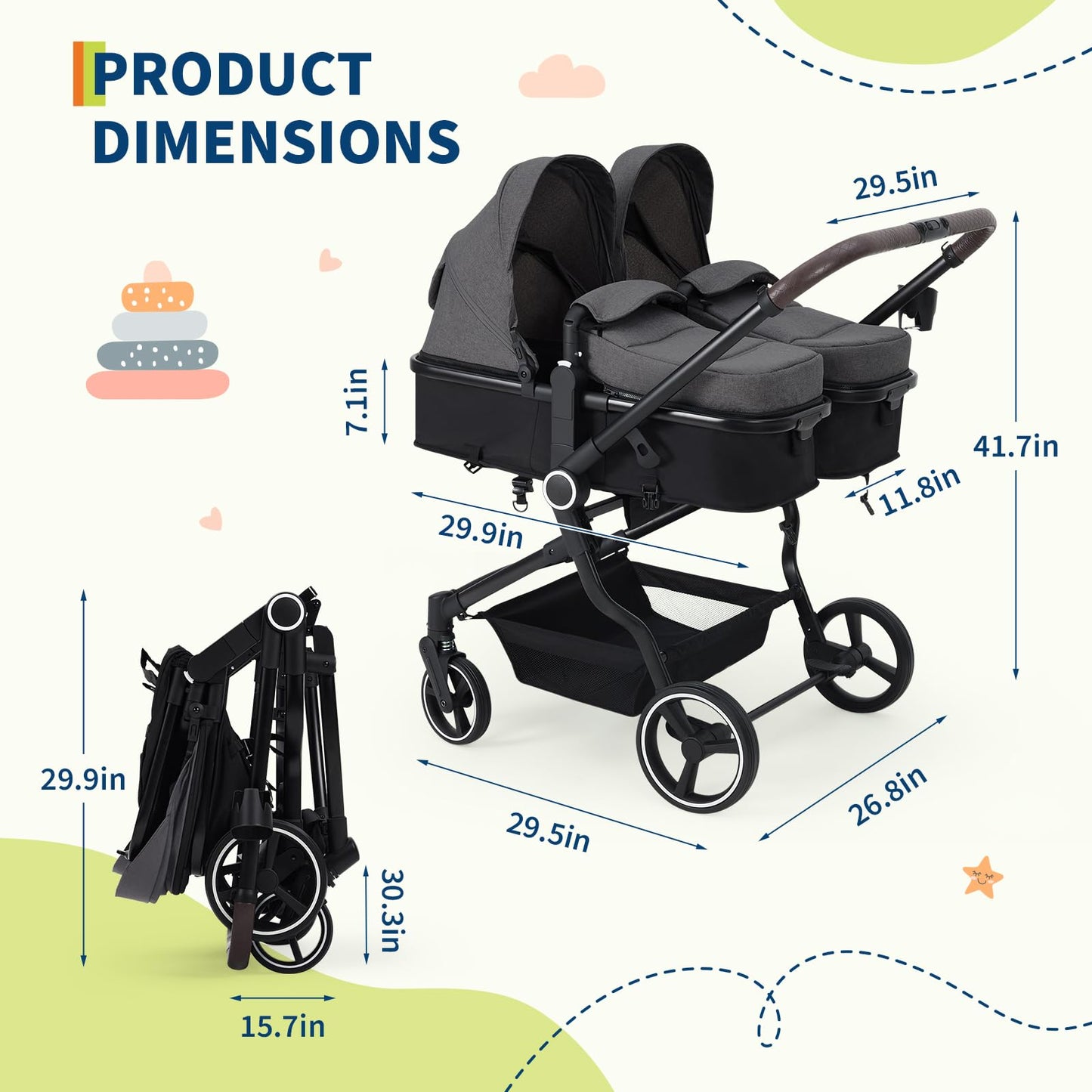 Lightweight double stroller for twins by My Store with reclining seats, adjustable canopy, 5-point harness, and high landscape design.