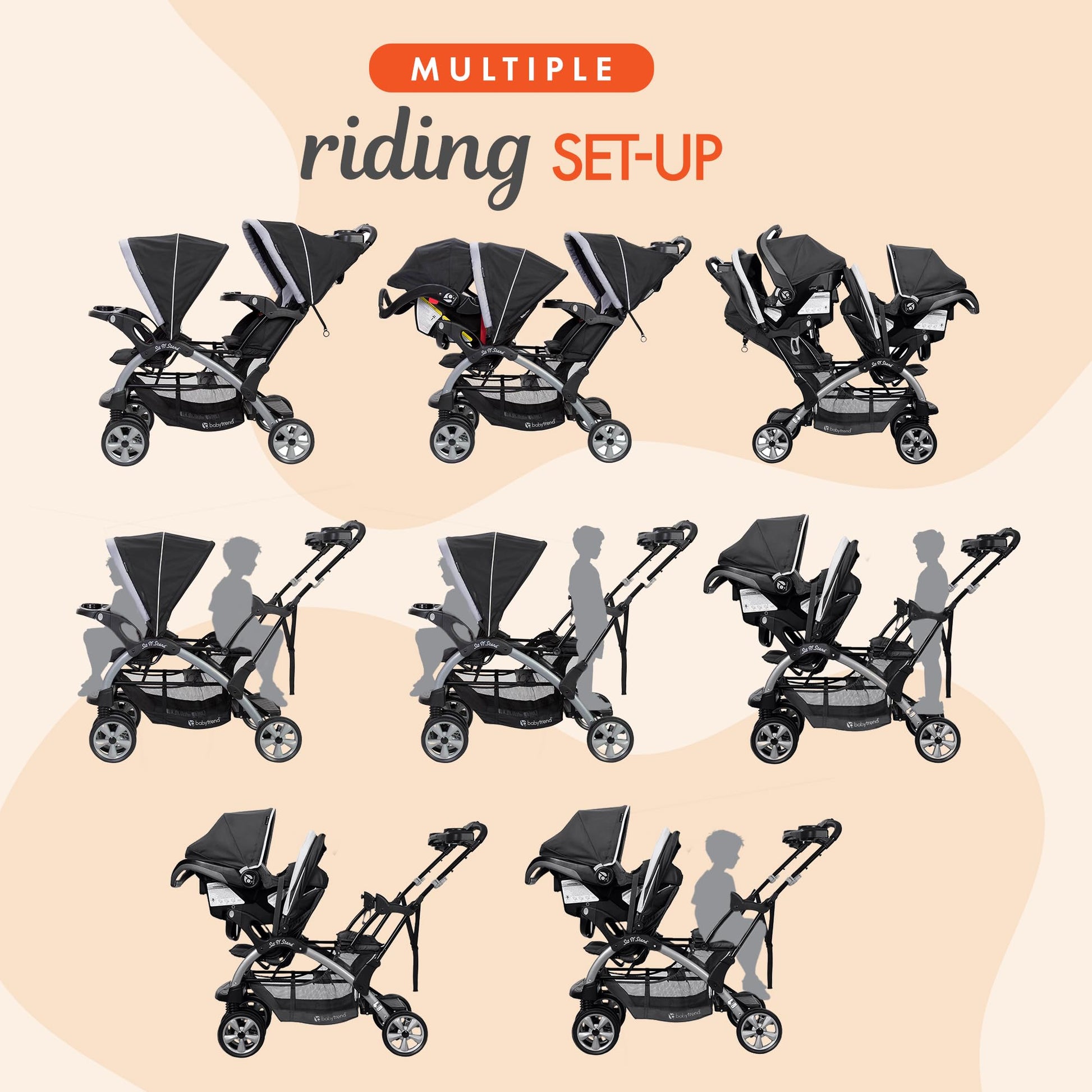 My Store Baby Trend infant and toddler double stroller with car seat, lightweight stormy travel system tandem for babies and toddlers.