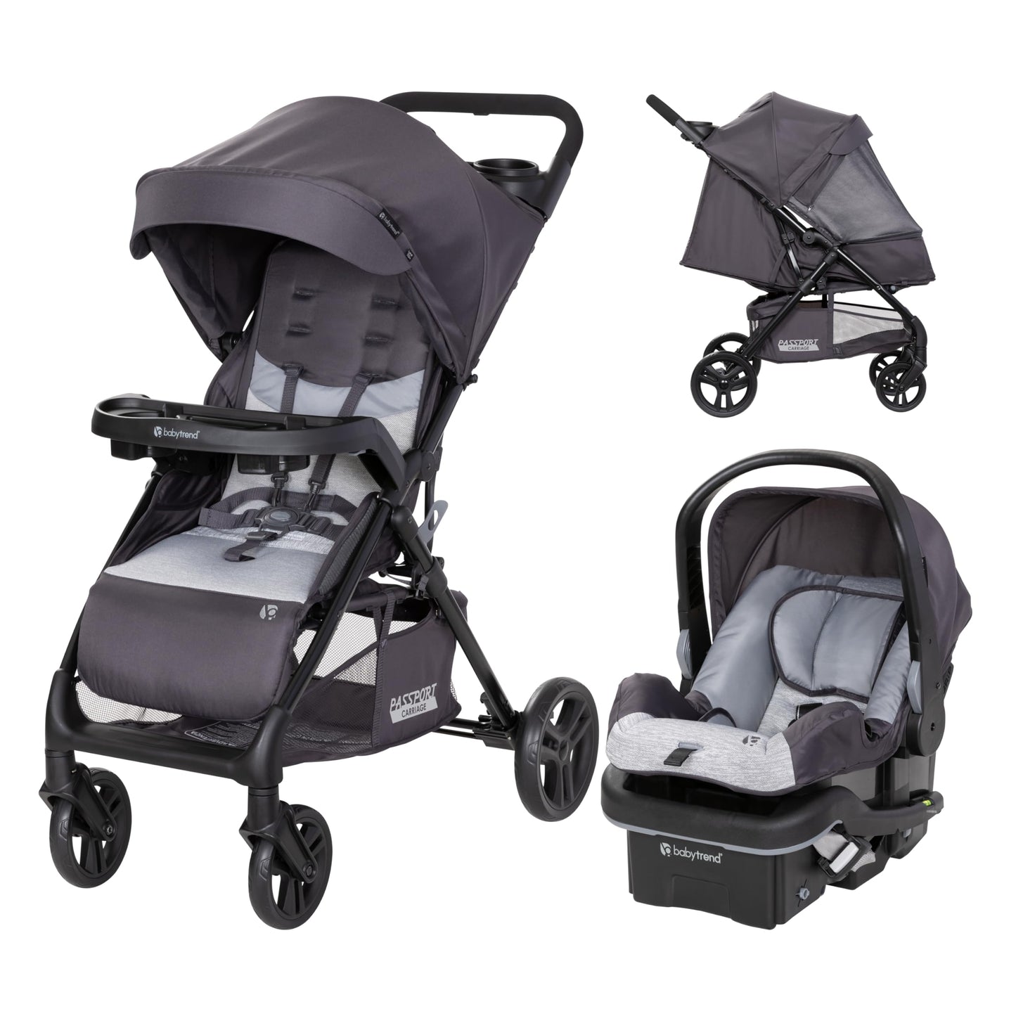 Baby Trend Passport cargo stroller with EZ-Lift infant car seat in pink bamboo, featuring adjustable handle and storage basket.