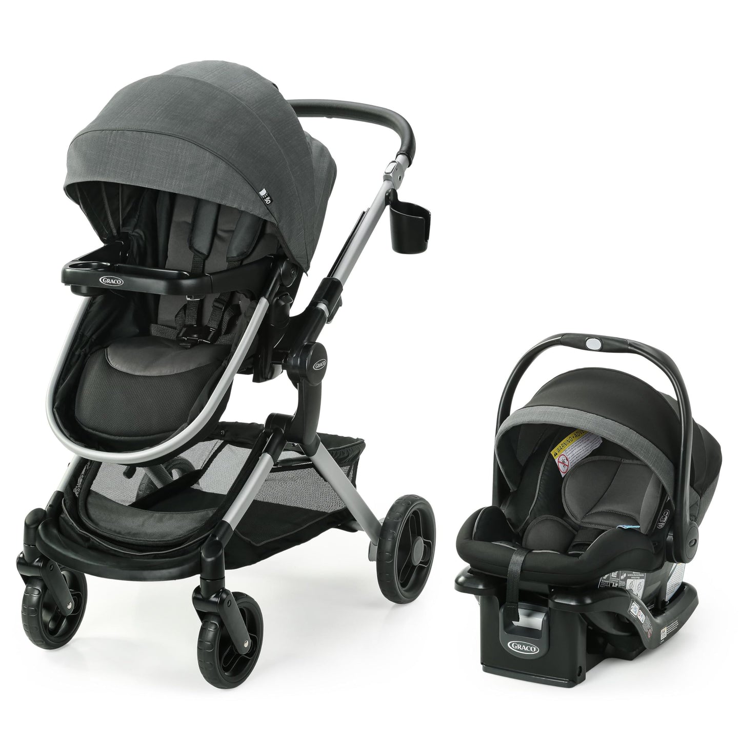 Graco Modes Nest 3-in-1 travel system with infant car seat and stroller, featuring adjustable carrier and toddler stroller in Sullivan color