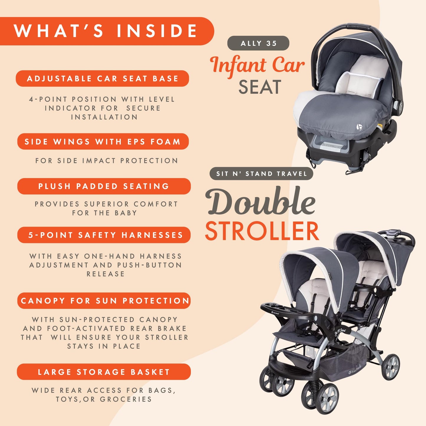 Baby Trend infant and toddler double stroller with car seat, lightweight and portable travel system in stormy color, tandem design.