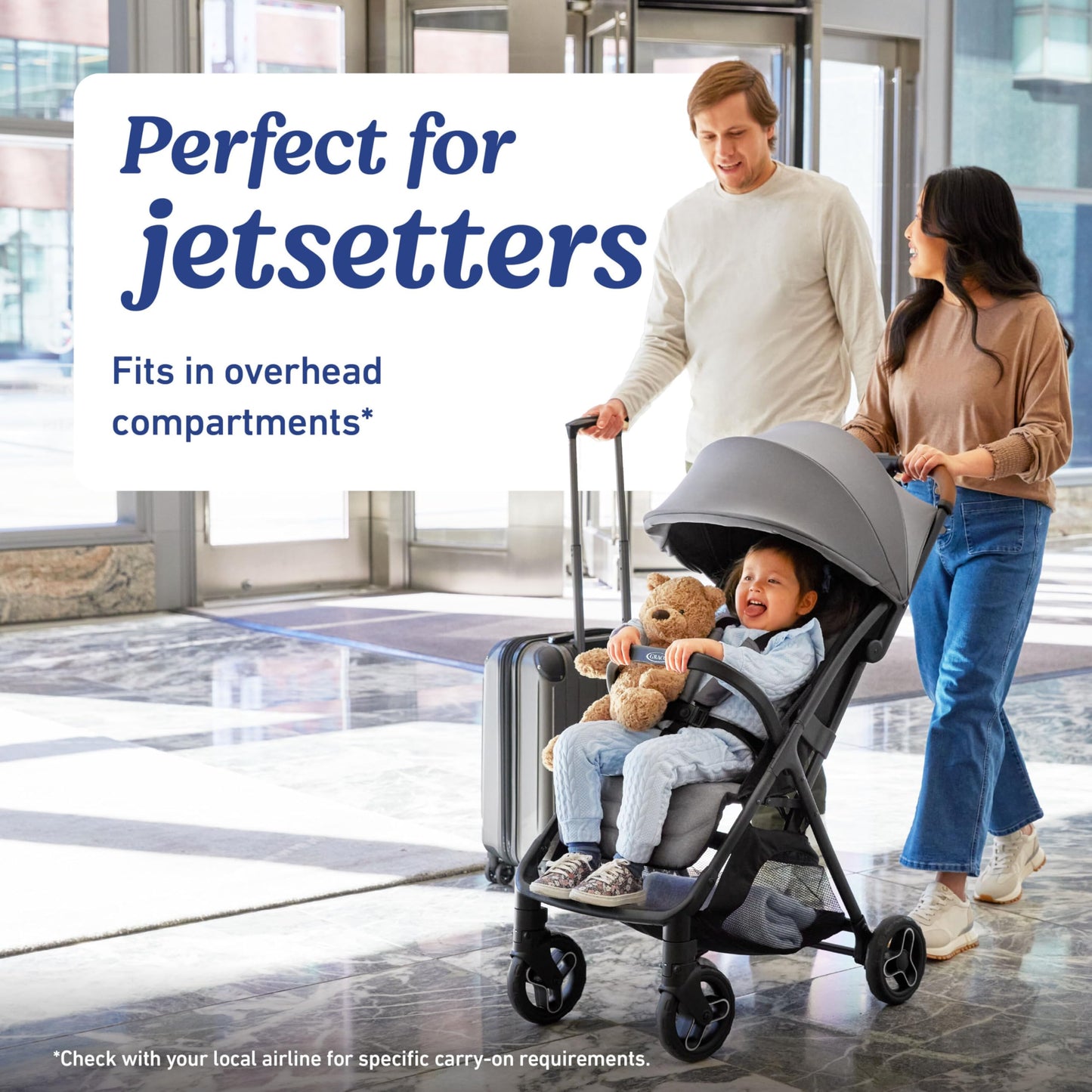 Graco Ready2Jet compact travel stroller with automatic fold and overhead-friendly design, shown in Kingston color.