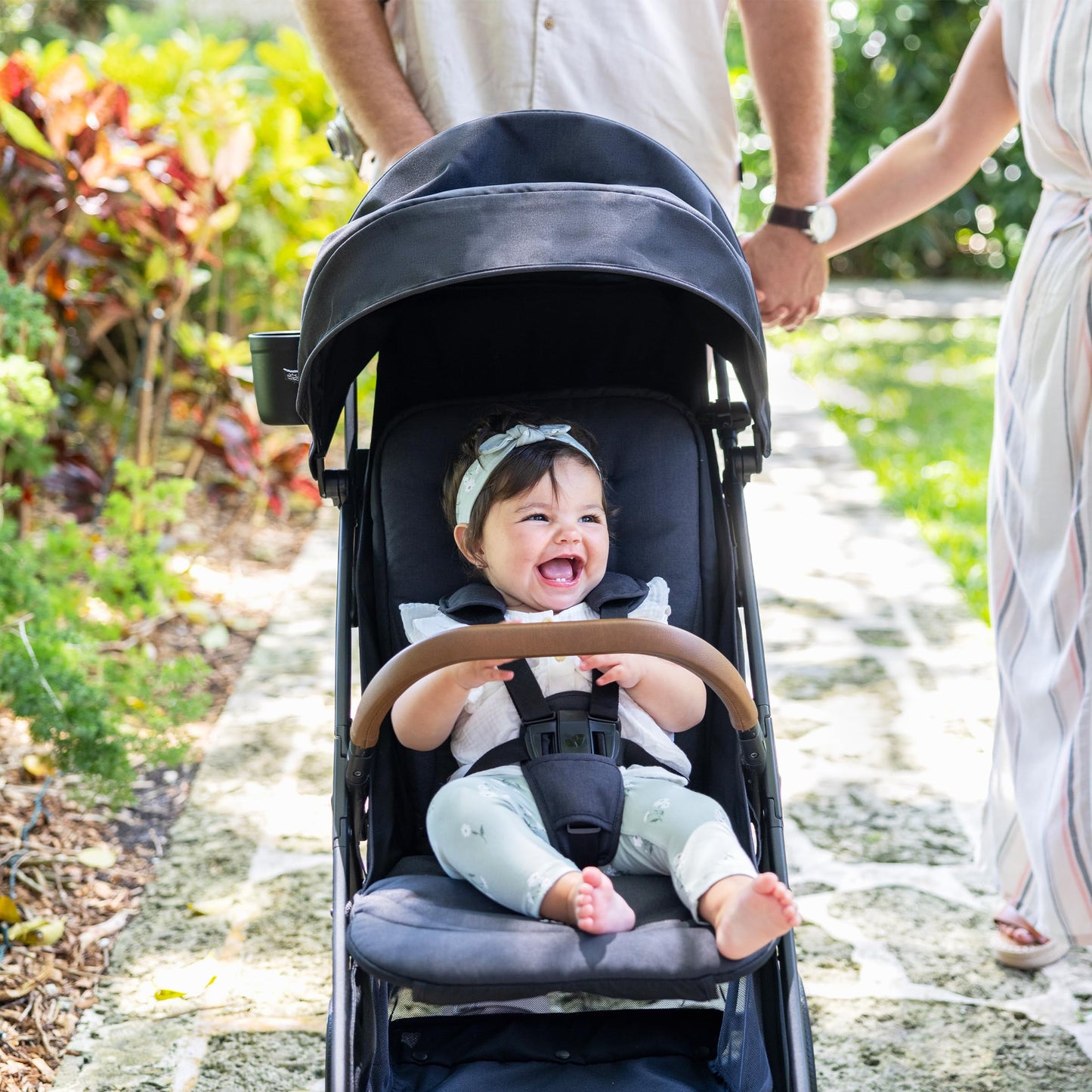 Joie Nutmeg compact stroller in shale color, lightweight design with one-hand fold, ideal for easy travel and daily use