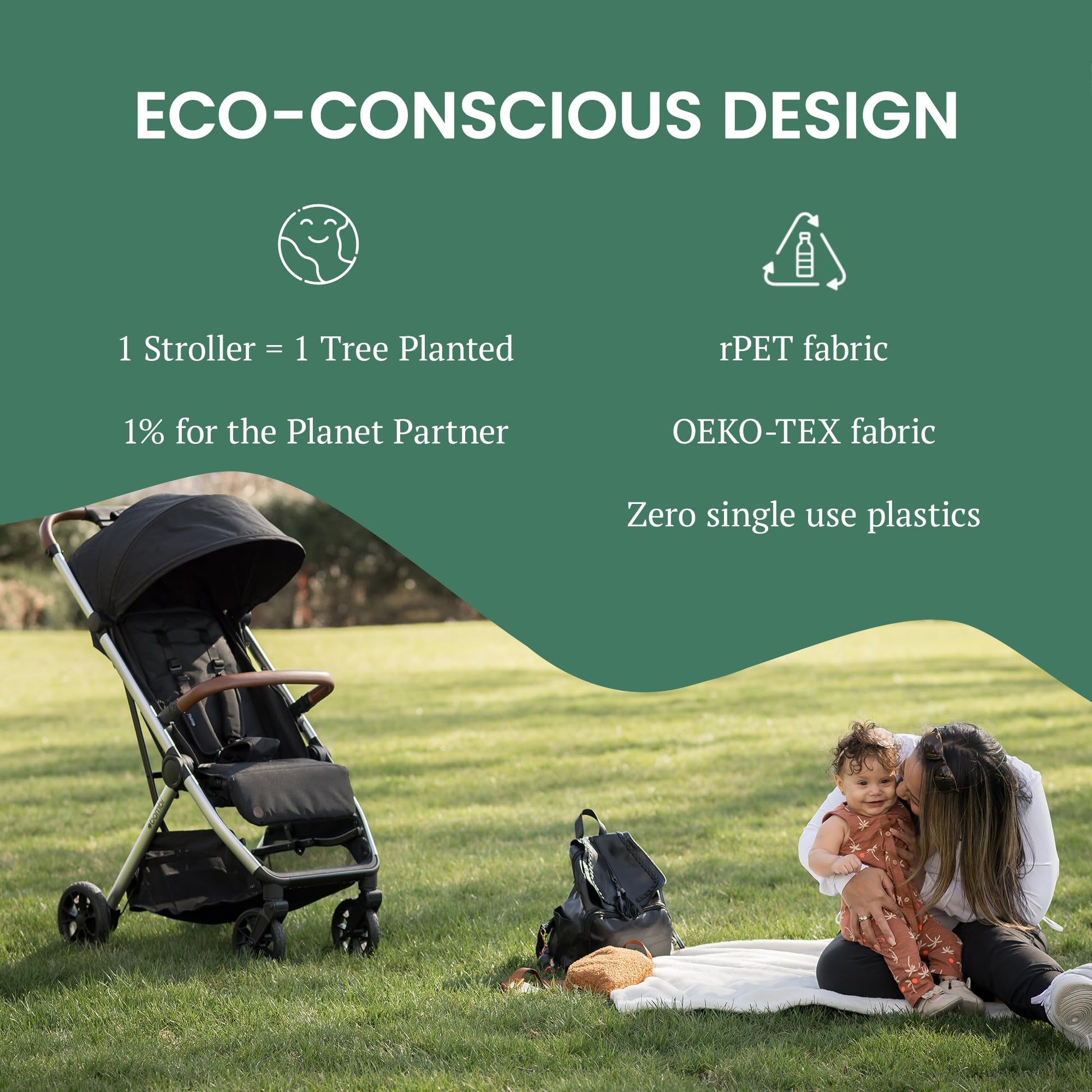 Bombi Bēbee V2 lightweight baby stroller with vegan leather, one-hand fold, infinite recline, aluminum frame, XXL canopy, and ample storage