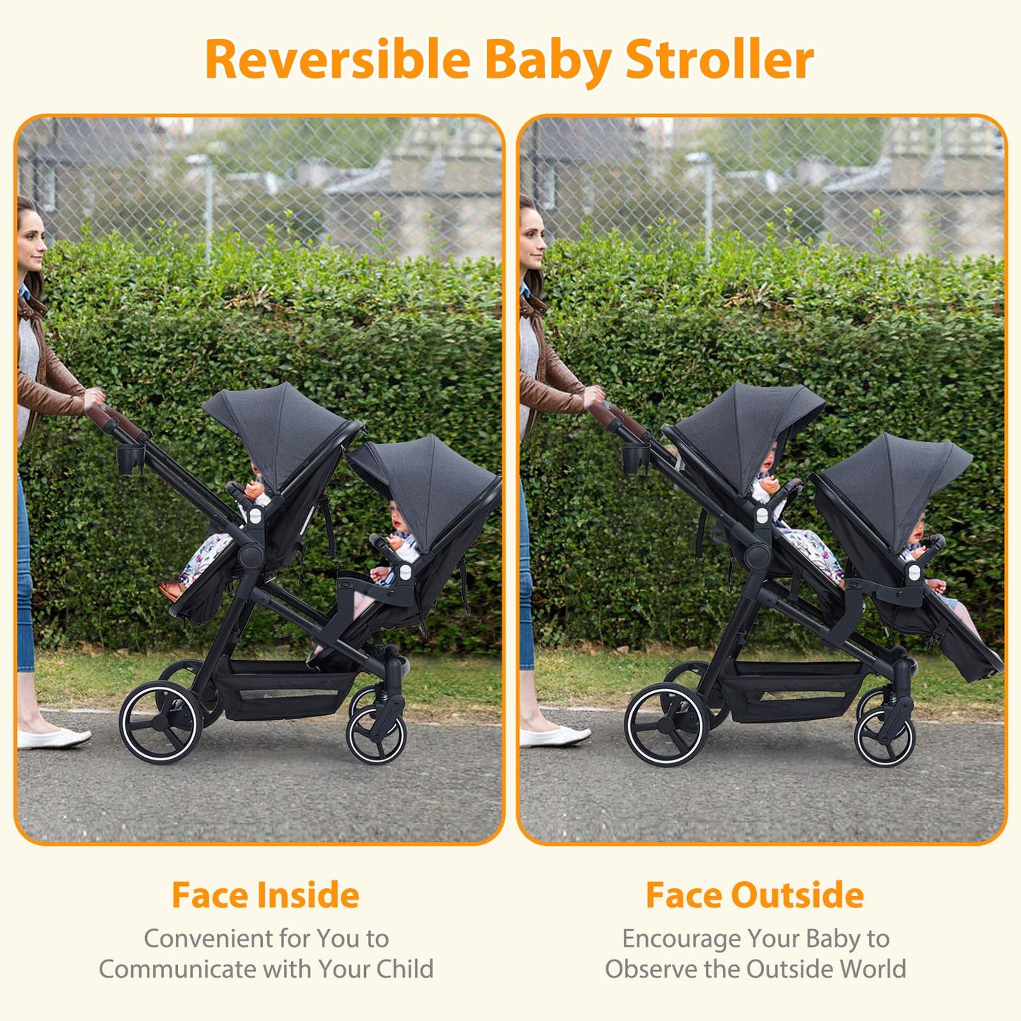 Dark grey tandem double stroller for newborn and toddler with reversible seats, adjustable canopy, 5-point harness, and large storage basket.