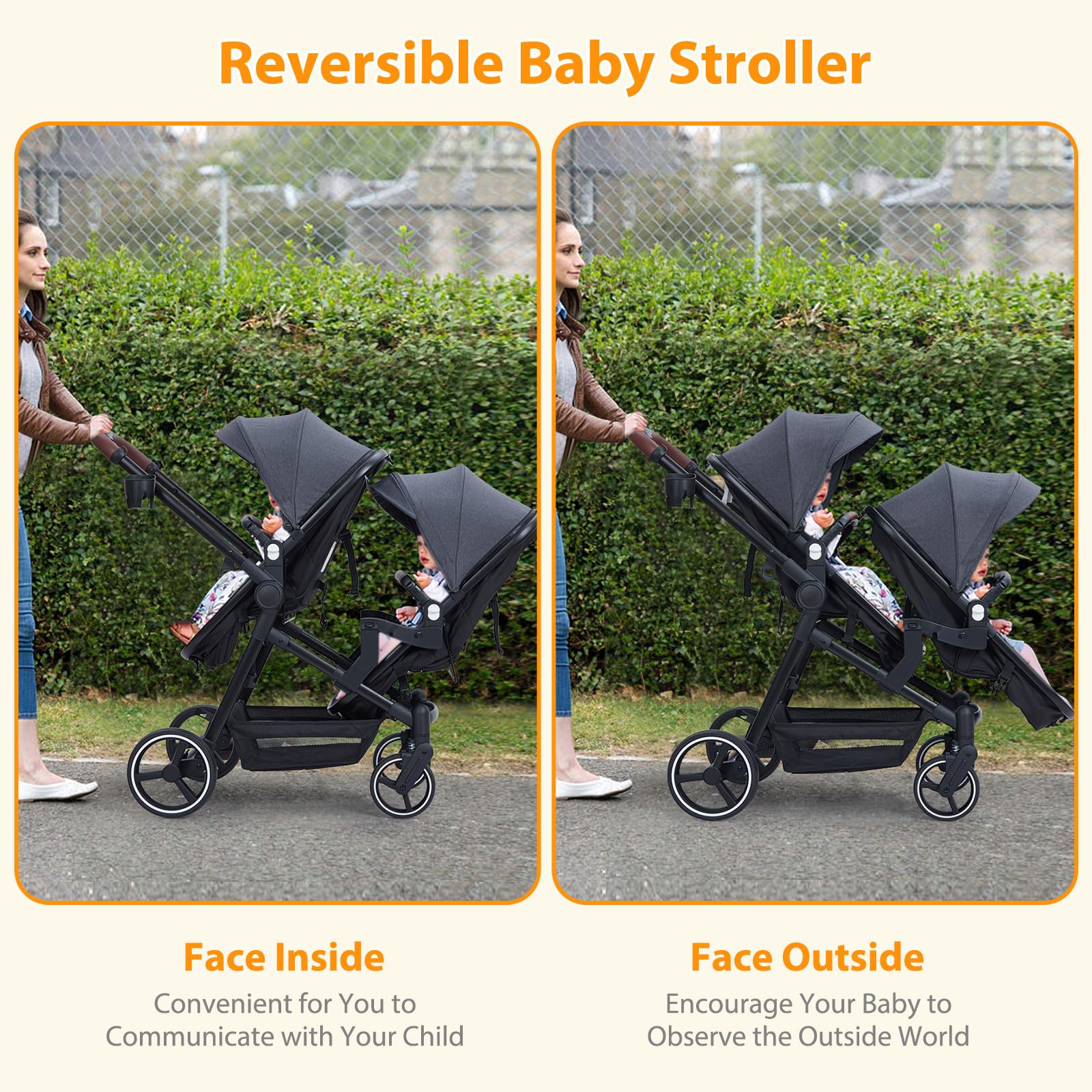 Dark grey tandem double stroller for newborn and toddler with reversible seats, adjustable canopy, 5-point harness, and large storage basket.