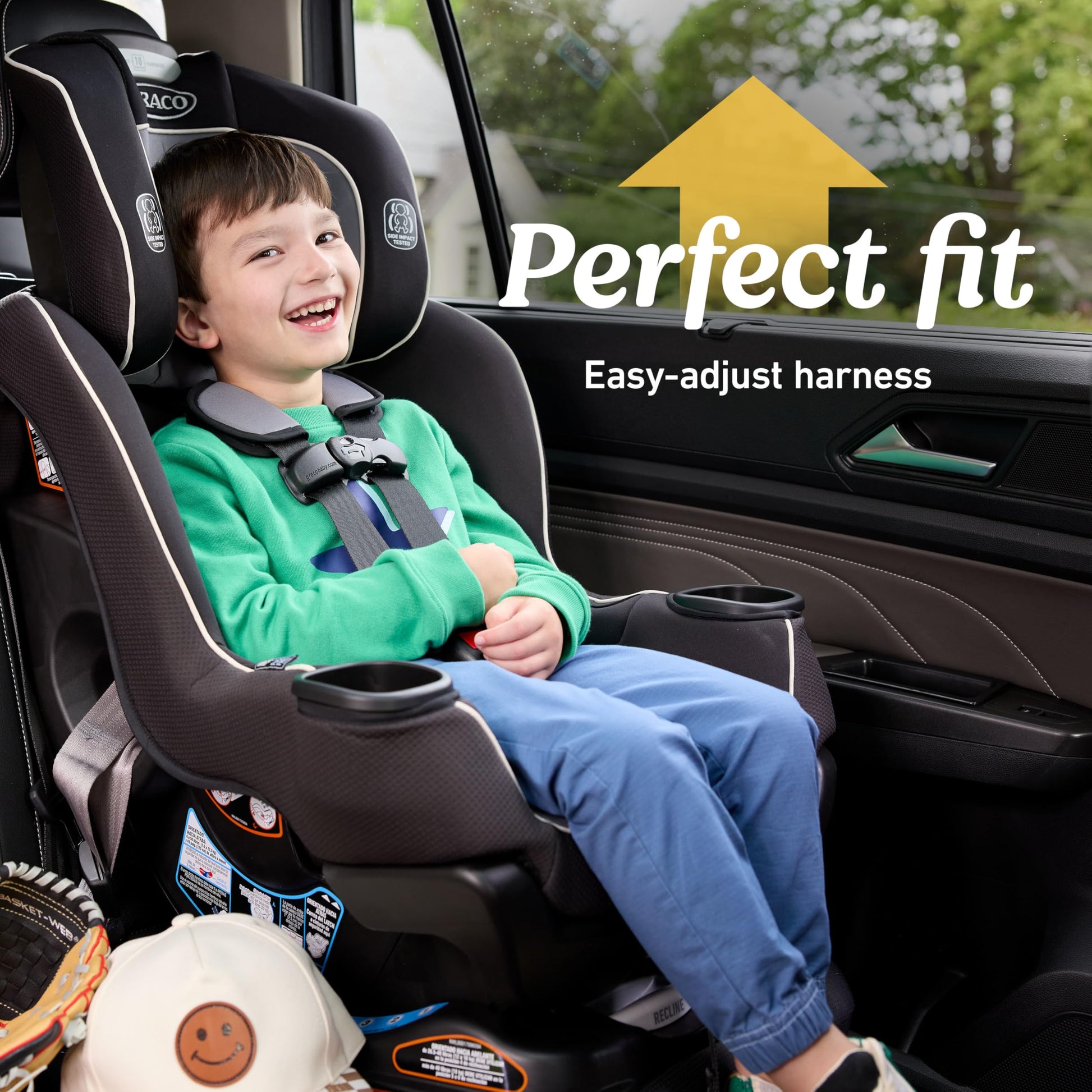 Graco Extend2Fit convertible baby car seat in Gotham color with adjustable extension panel and safety harness, rear and forward facing.