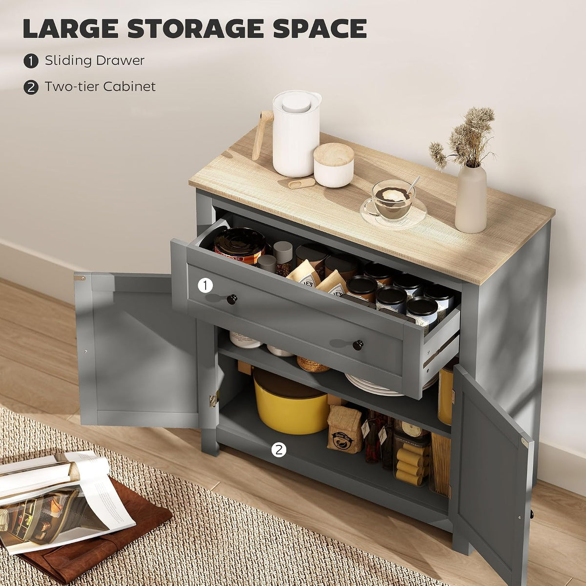 HOMCOM Sideboard Storage Cabinet with Drawer and Double Doors Grey - View 4