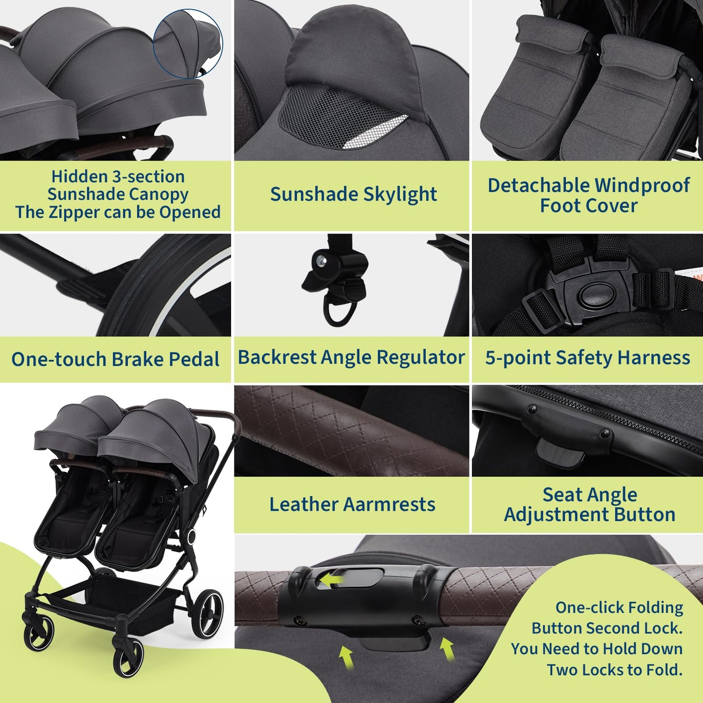 Lightweight double stroller for twins by My Store with reclining seats, adjustable canopies, 5-point harness, and high landscape design.