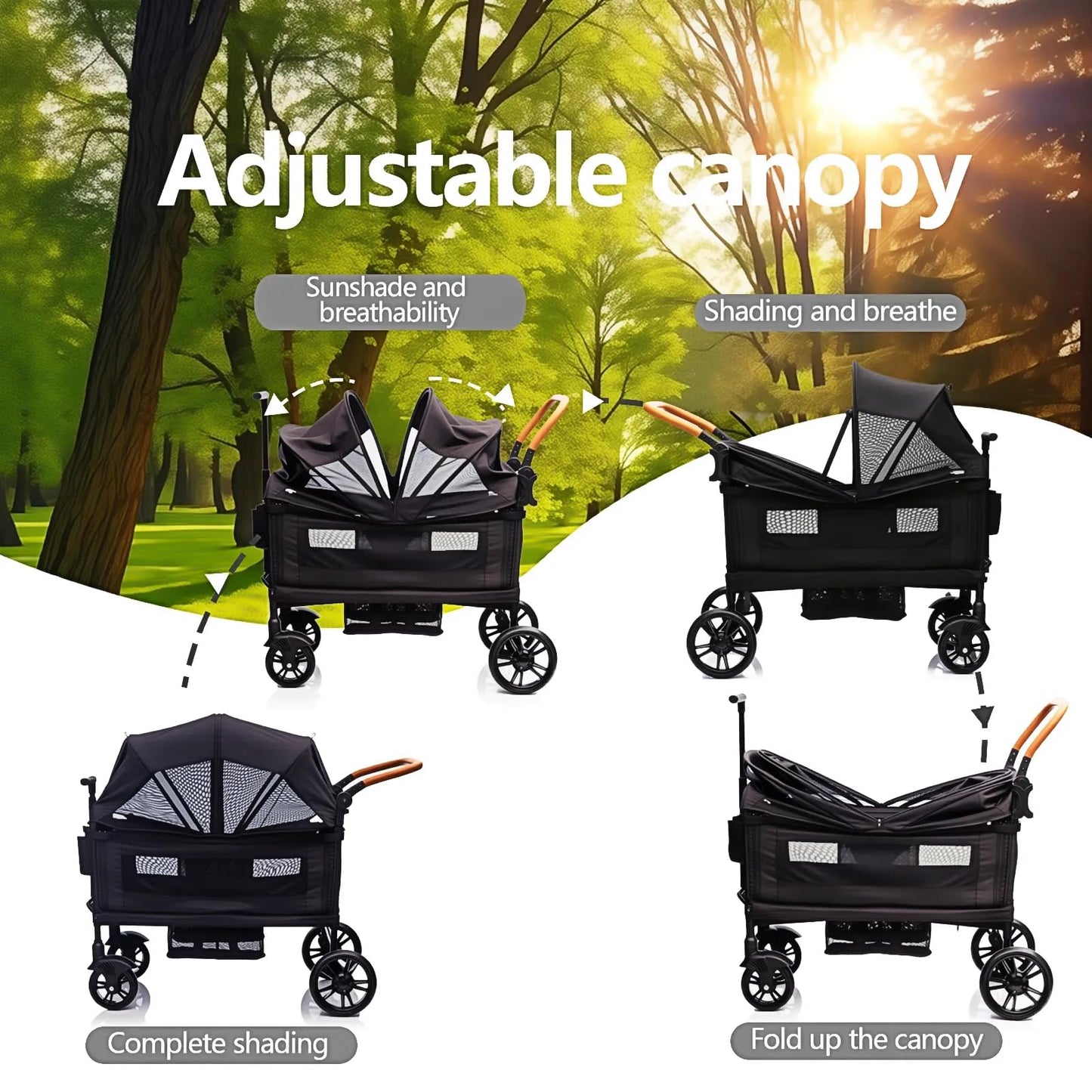 Luxury My Store wagon stroller for 2 kids with canopy, adjustable handle, tray, cup holder, and lightweight foldable design.