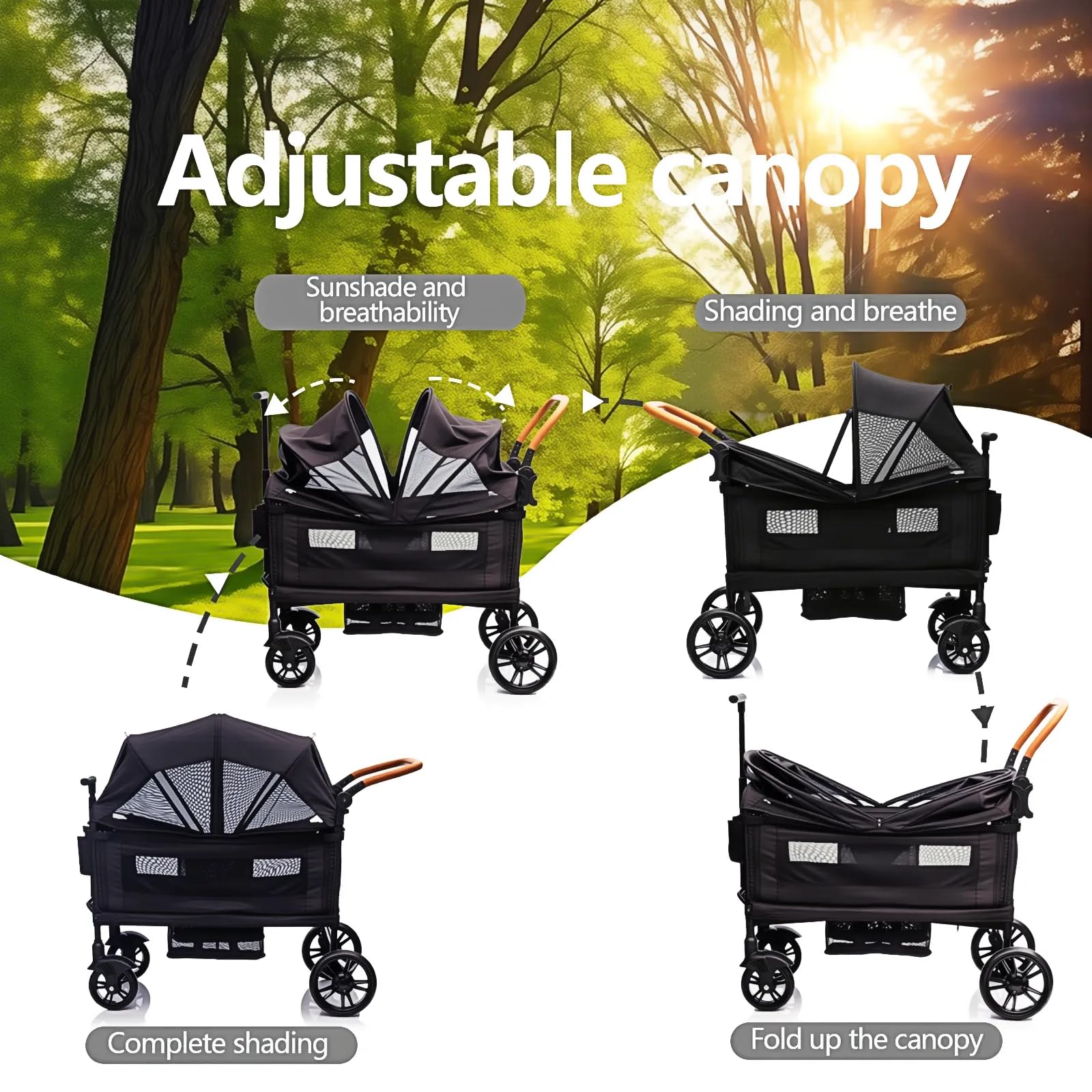 Luxury My Store wagon stroller for 2 kids with canopy, adjustable handle, tray, cup holder, and lightweight foldable design.