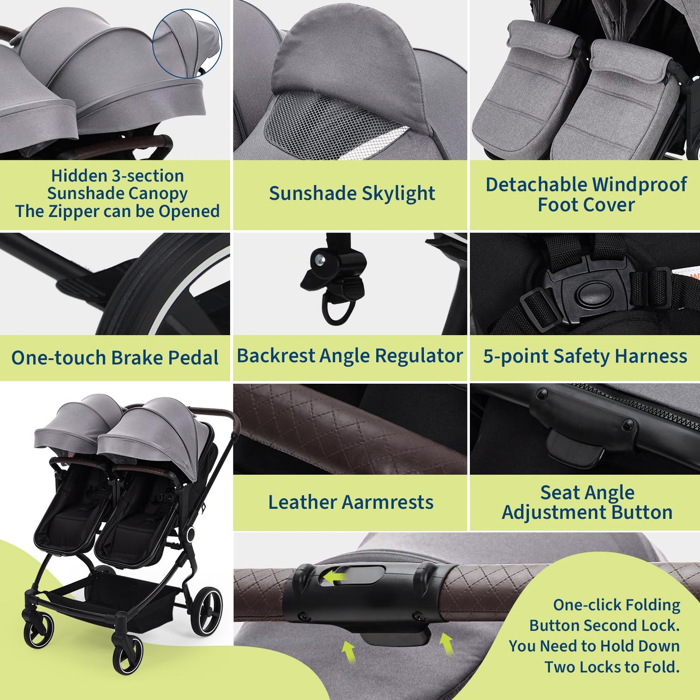 Lightweight double stroller for twins with reclining seats, adjustable canopy, 5-point harness, and high landscape design for infants and toddlers.