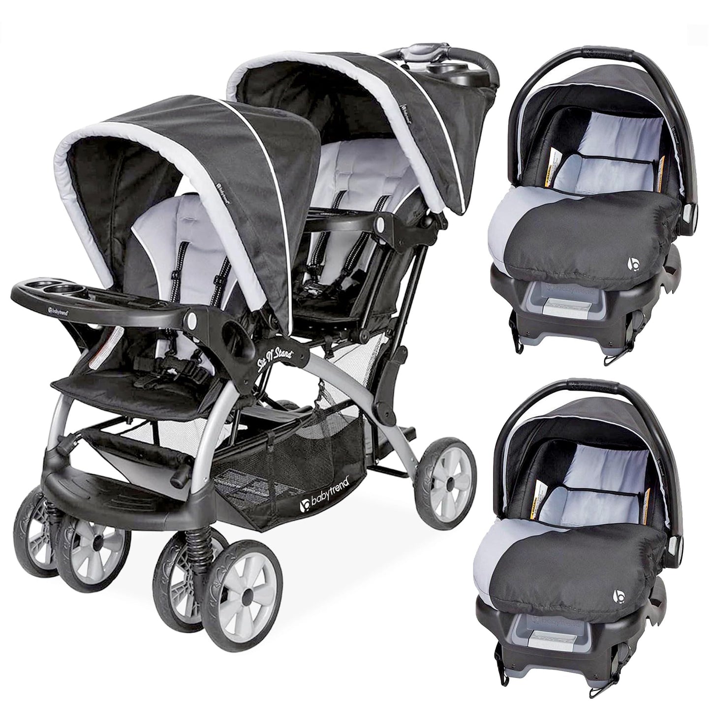 Baby Trend infant and toddler double stroller with car seat, lightweight and portable, Stormy color, tandem travel system.