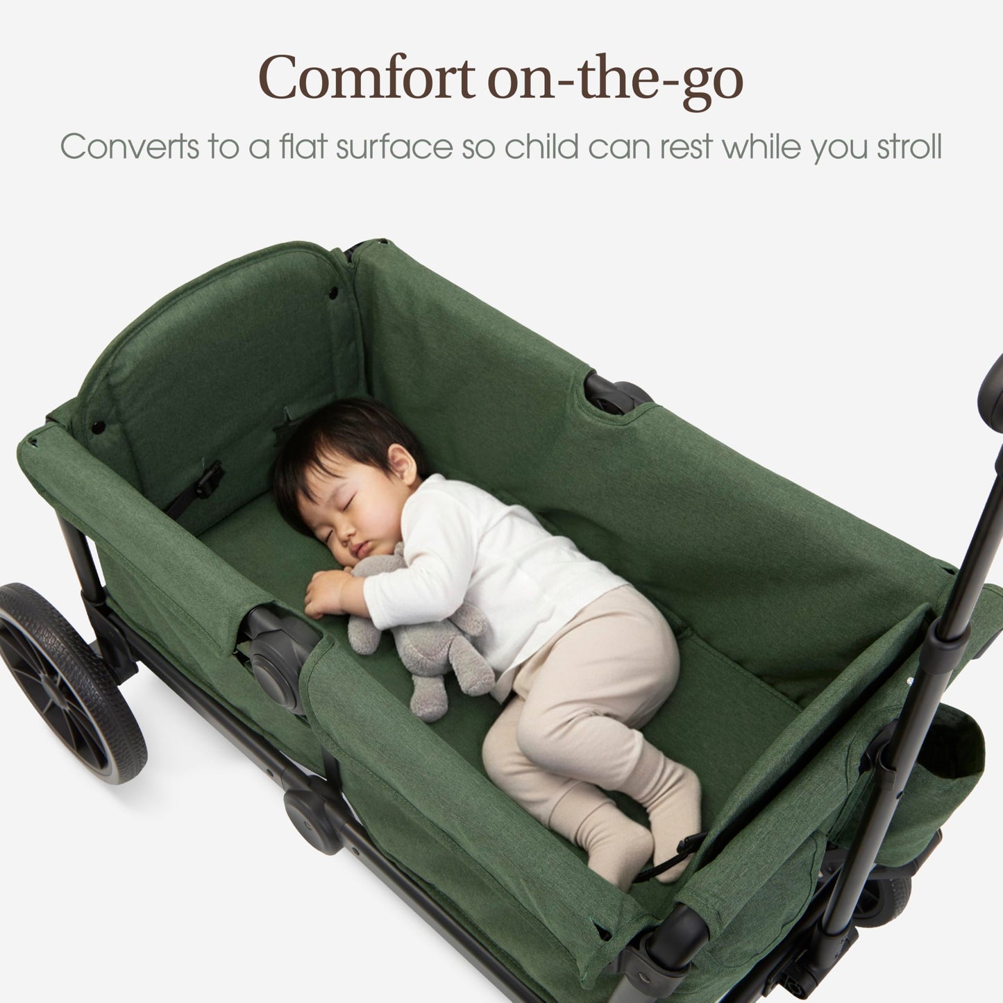 Evolur Trailblazer double wagon stroller in black with all-terrain wheels, foldable canopy, 5-point harness, and spacious storage.