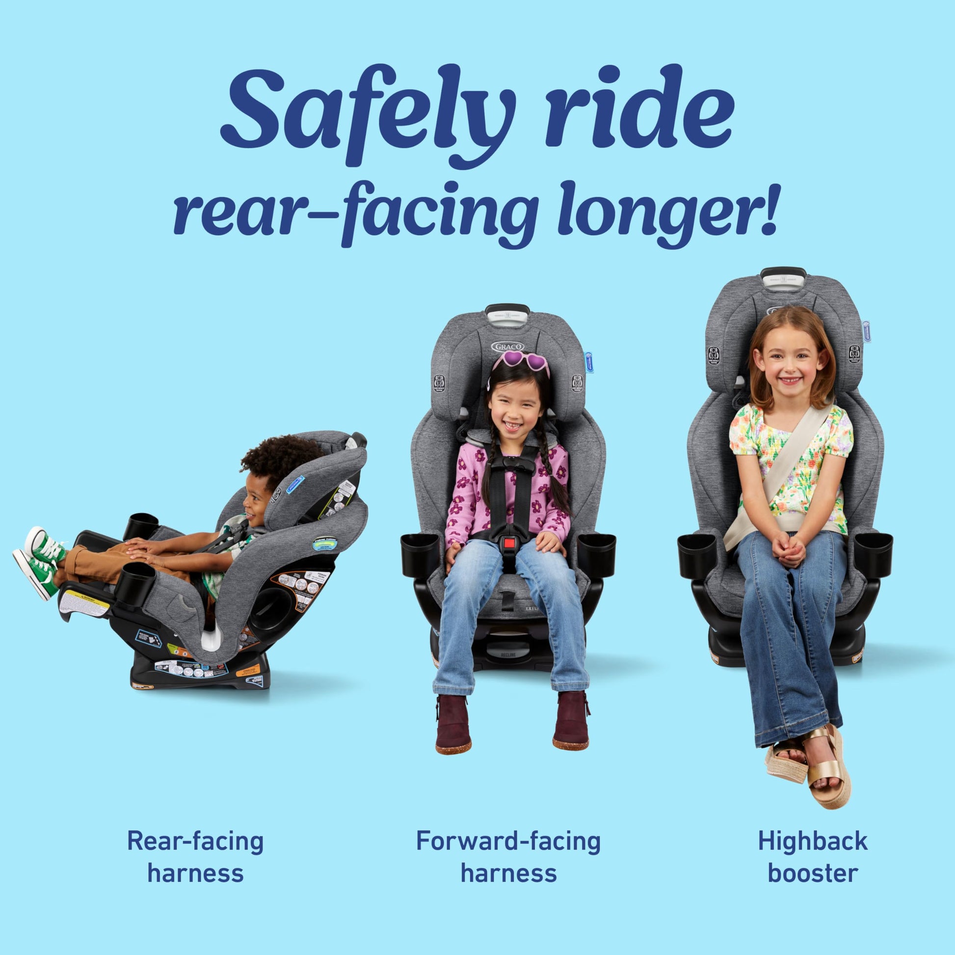 Graco Extend2Fit convertible baby car seat in Gotham color with adjustable extension panel and safety harness.