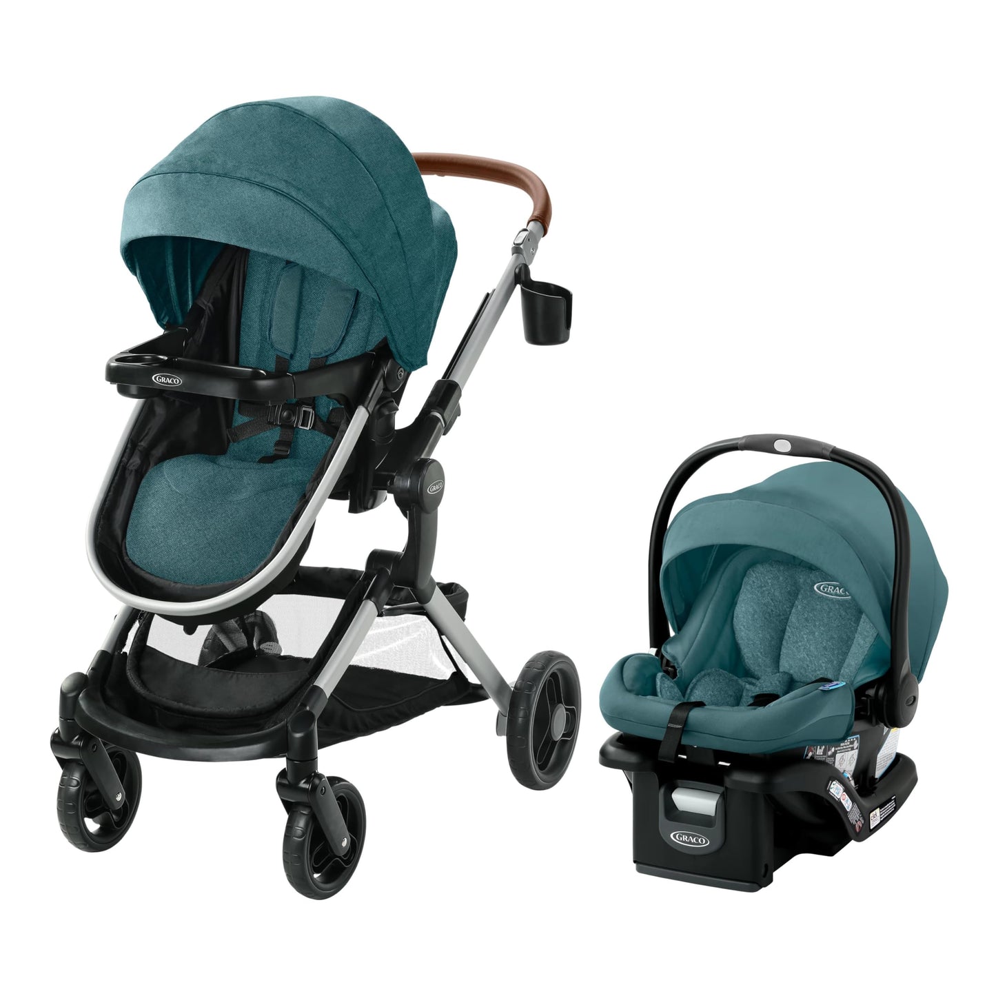 Graco Modes Nest travel system with SnugRide DLX infant car seat, modular stroller, and adjustable slide-in infant carrier.